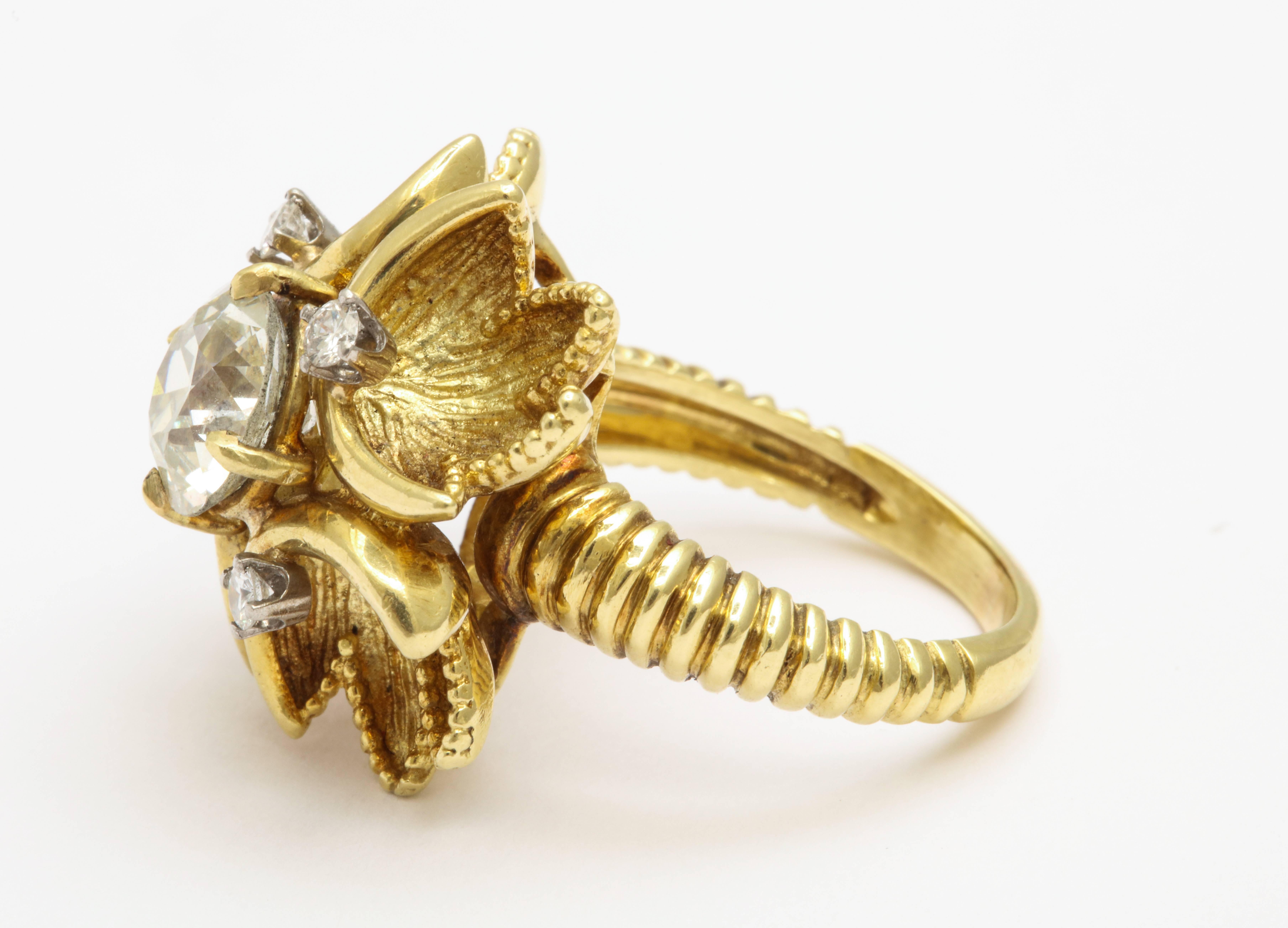 Retro Era 18K Yellow Gold Cartier Diamond Cocktail Ring In Excellent Condition For Sale In New York, NY