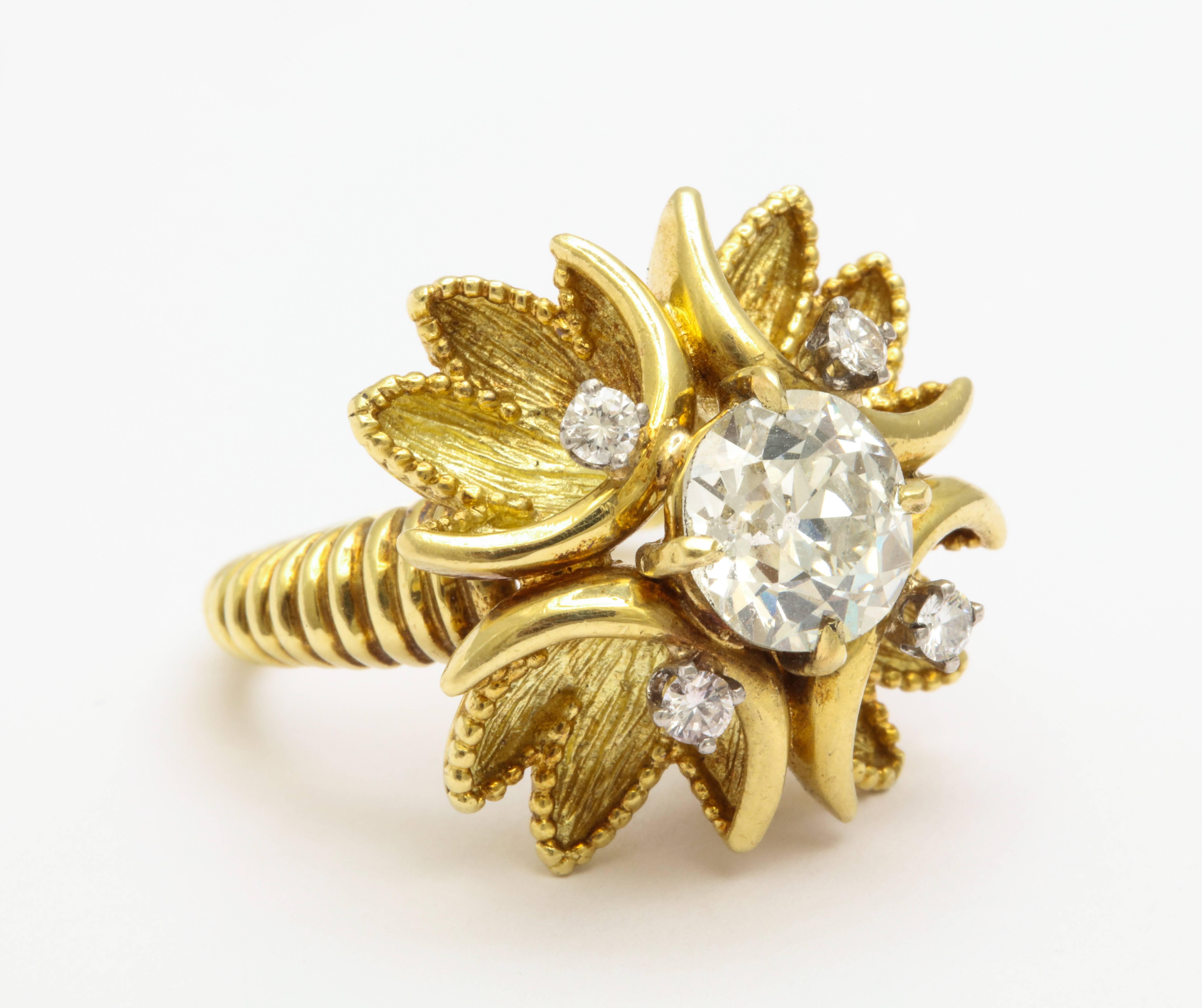 Women's or Men's Retro Era 18K Yellow Gold Cartier Diamond Cocktail Ring For Sale