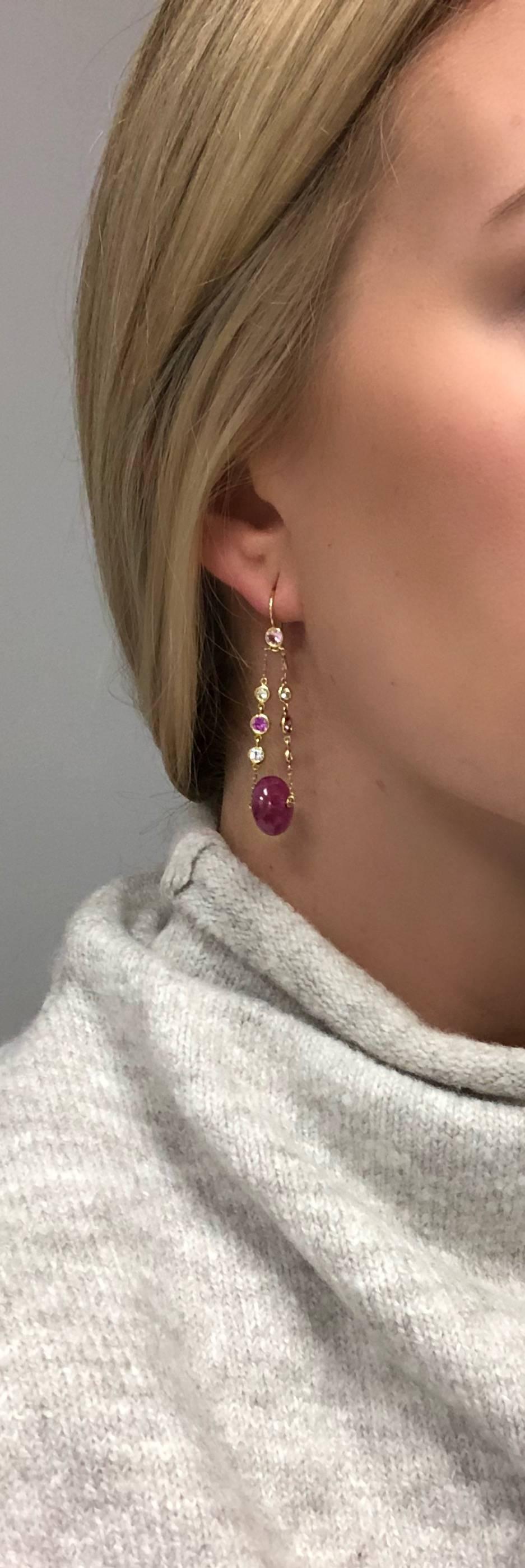Pink Tourmaline, Diamond and Pink Sapphire Drop Earrings 3