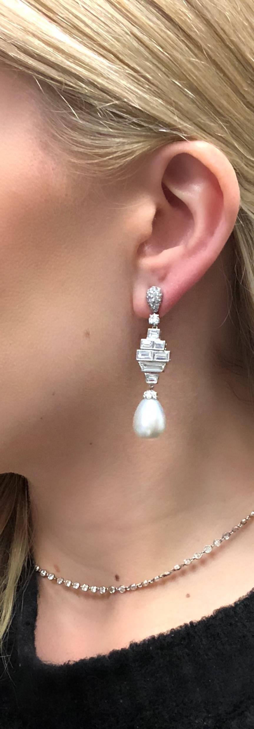 Contemporary Diamond South Sea Cultured Pearl Drop Earrings