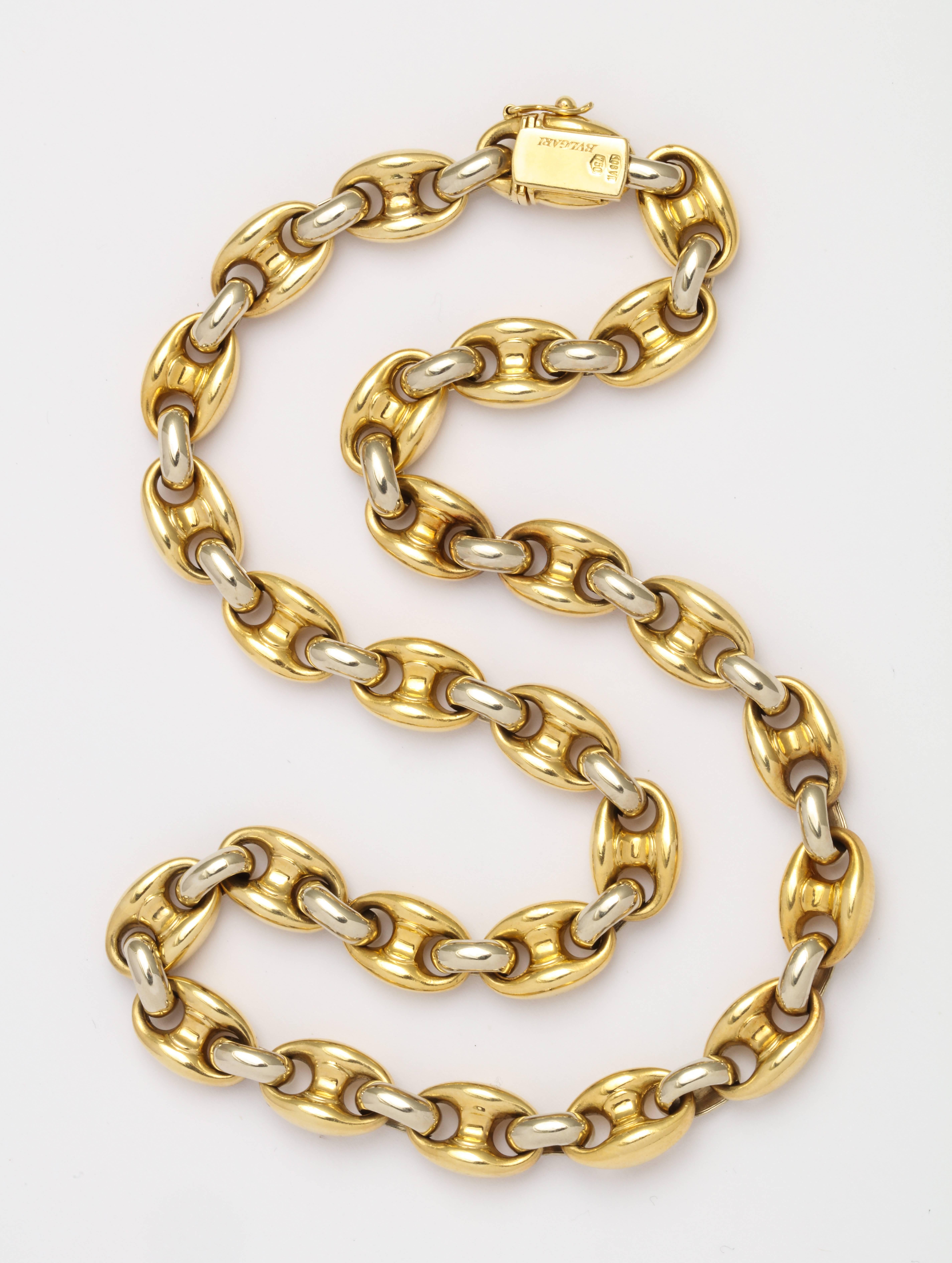 A classic, ready to wear Bulgari chain in this iconic link!  This chain is 16 1/2 inch length, making it perfect for layering, or wearing alone as statement. Two tone 18K gold is great for mixing and matching with a range of other jewelry pieces.