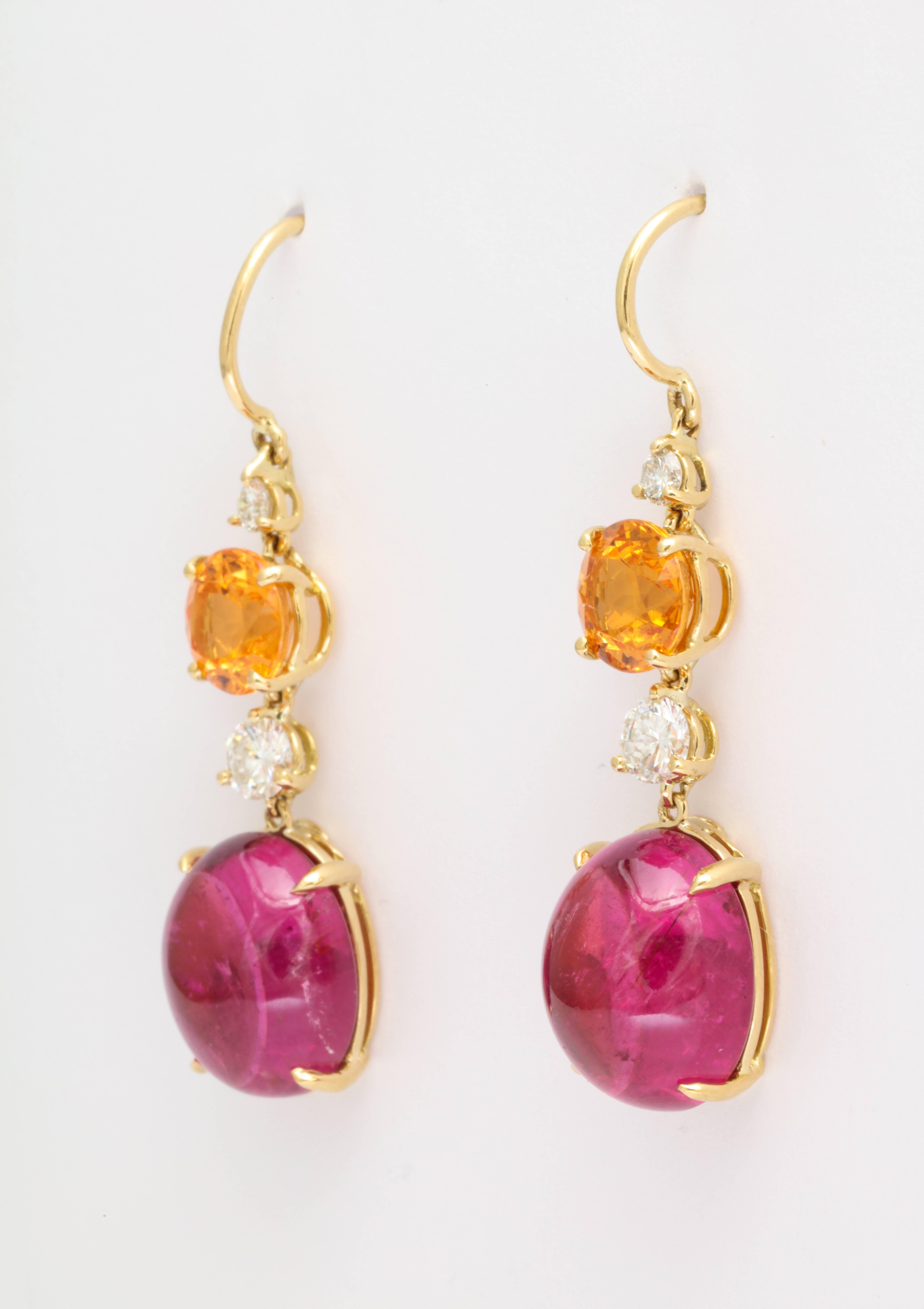 Donna Vock Cabochon Rubellite Mandarin Garnet and Diamond Drop Earrings In New Condition In New York, NY