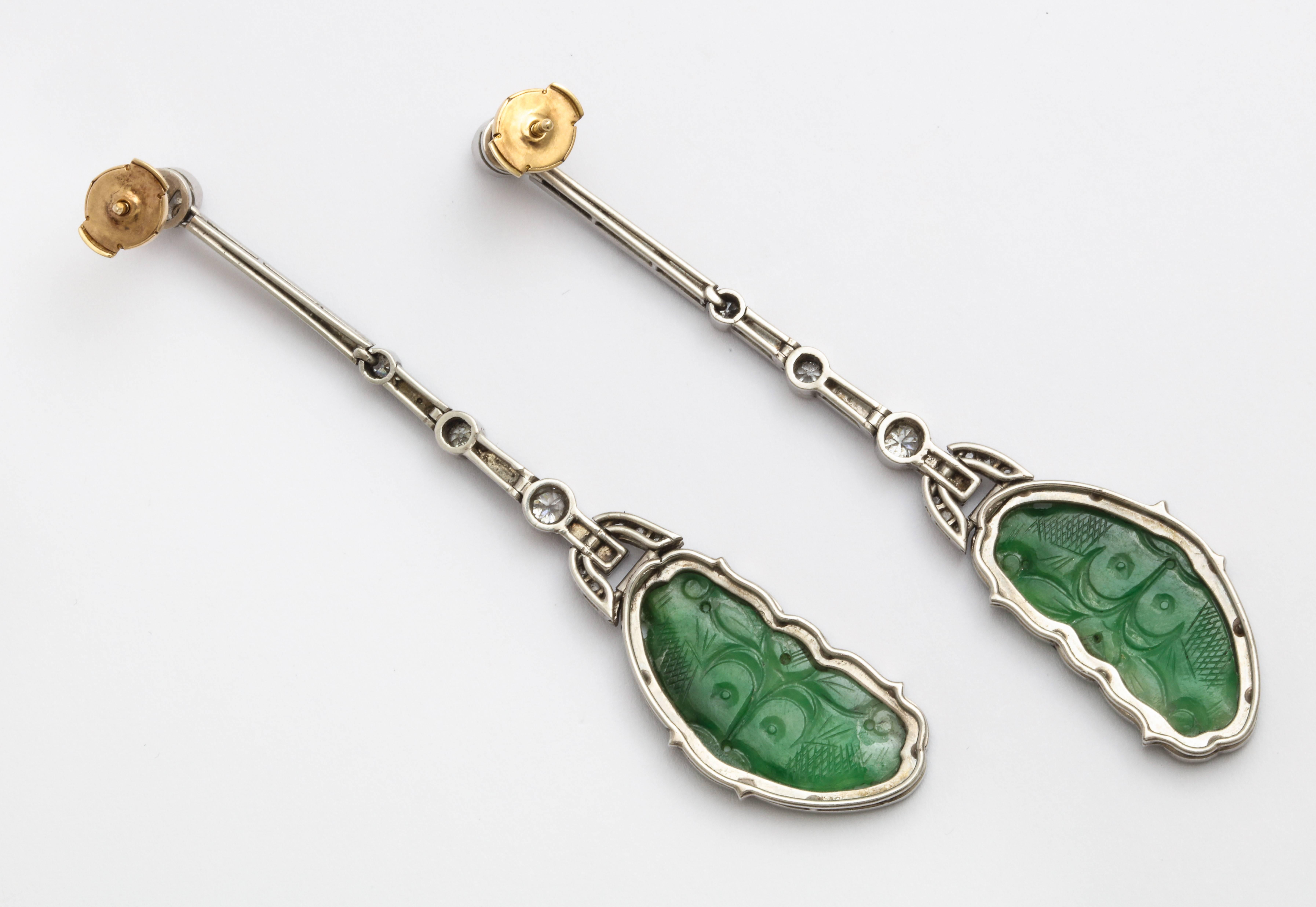 Round Cut Art Deco Carved Jade Diamond and Enamel Drop Earrings