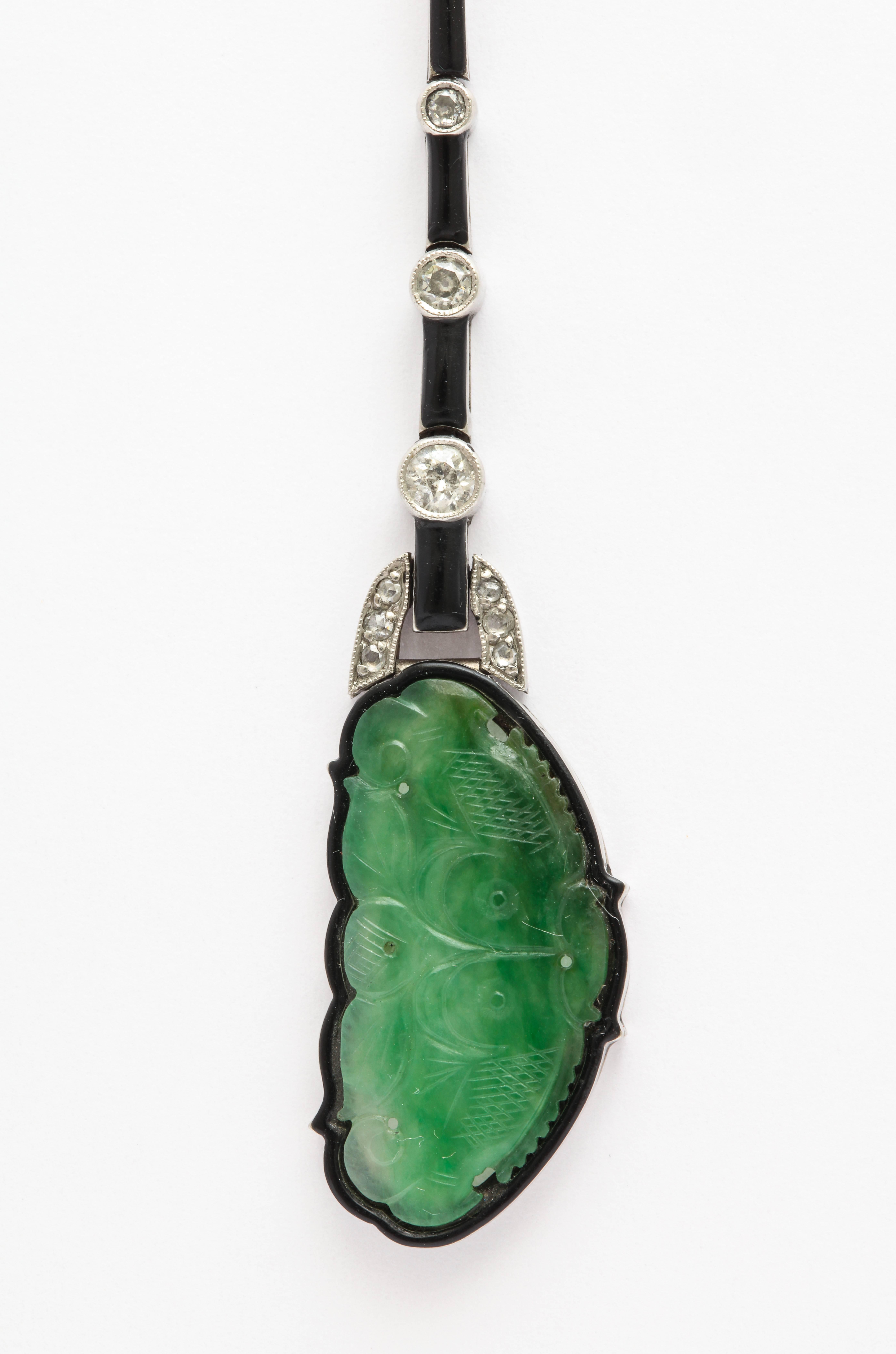 Art Deco Carved Jade Diamond and Enamel Drop Earrings In Good Condition In New York, NY