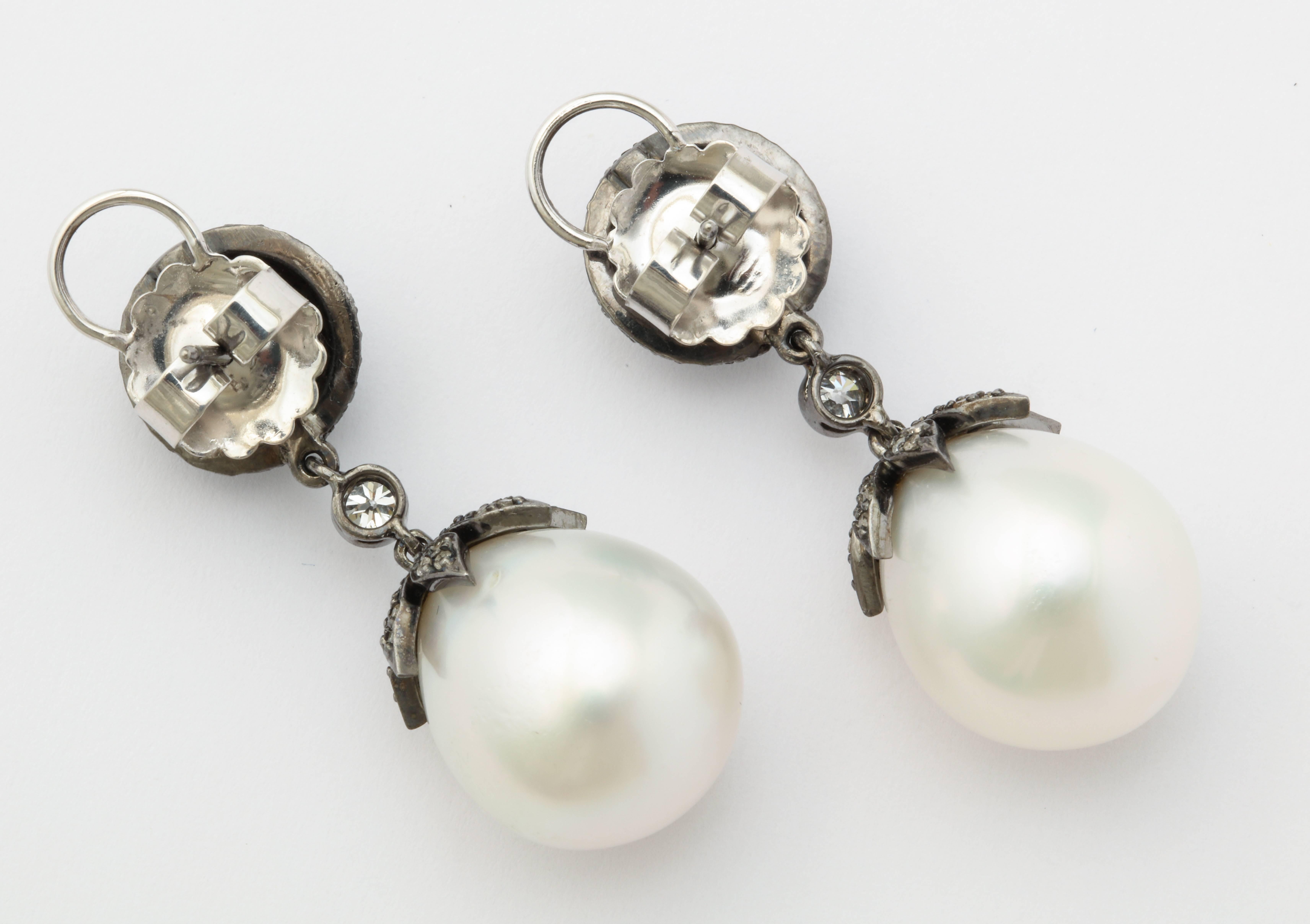 Contemporary 18 Karat Gold South Sea Pearl Drop Earrings with Antiqued Silver and Diamonds