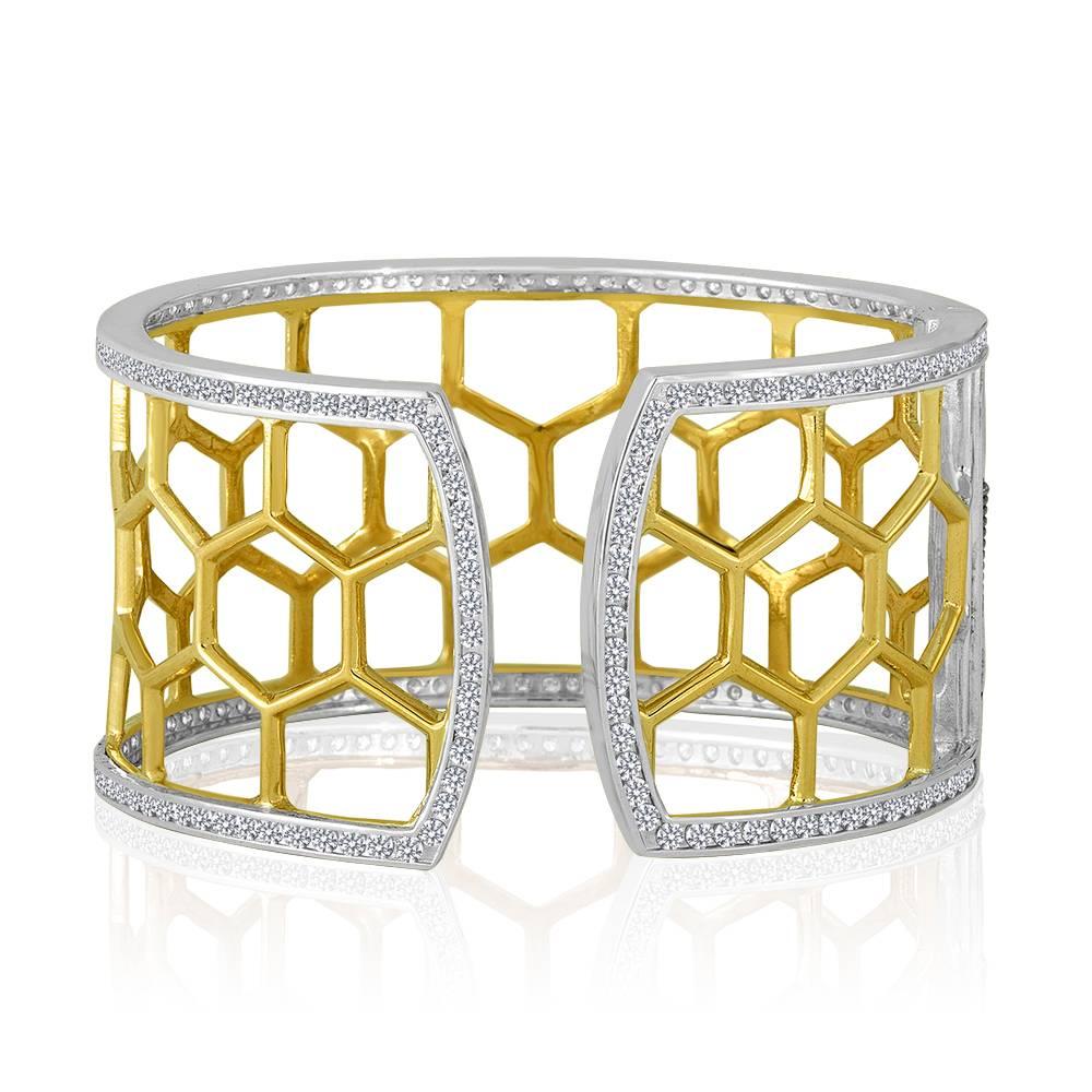 Modern Large Green Gold Sterling Honeycomb Diamond Cuff Bracelet For Sale