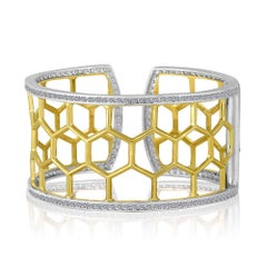 Large Green Gold Sterling Honeycomb Diamond Cuff Bracelet