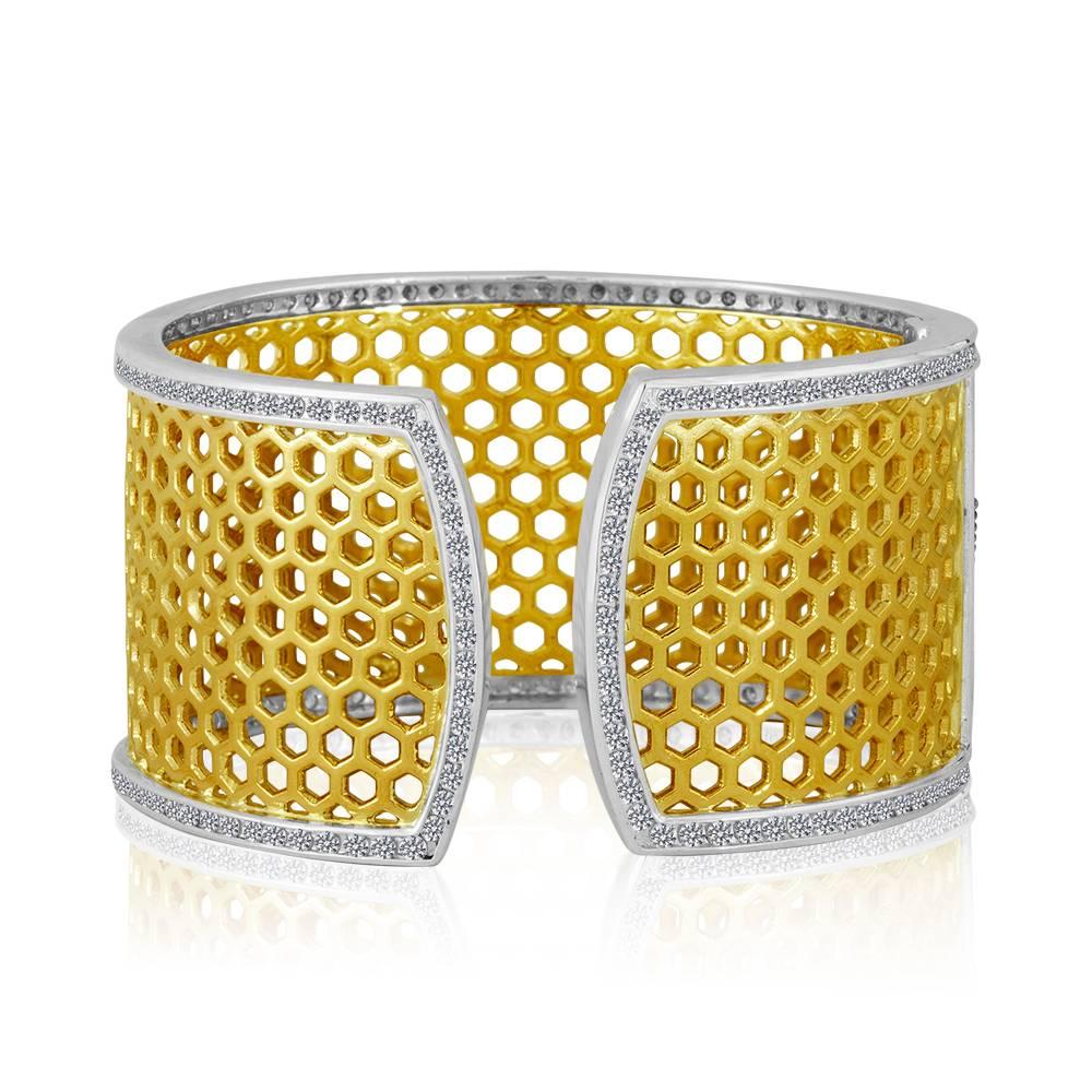Modern Green Gold Sterling Honeybee Diamond Cuff Bracelet For Sale