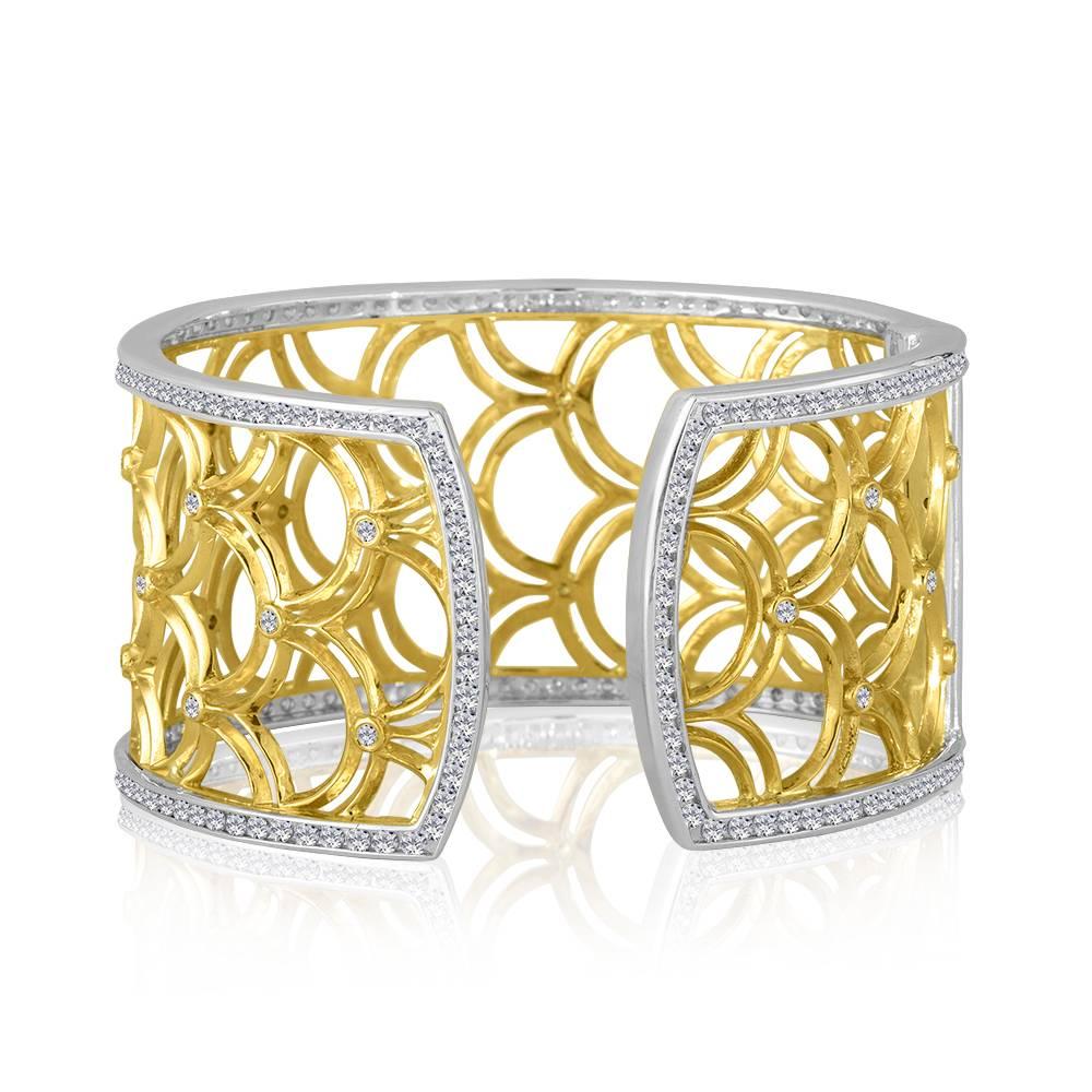 Modern Green Gold Sterling Honeyfan Diamond Cuff Bracelet For Sale