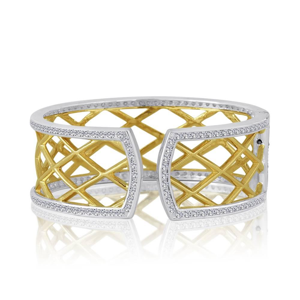 Modern Green Gold Sterling Silver Diamond Cuff Bracelet For Sale