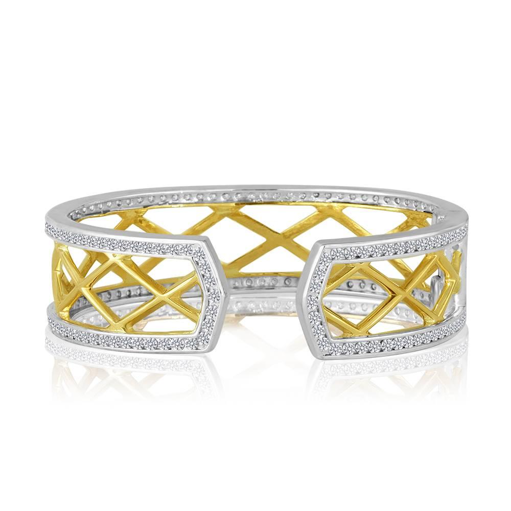 Modern Gold Sterling Diamond Cable Cuff Bracelet For Sale