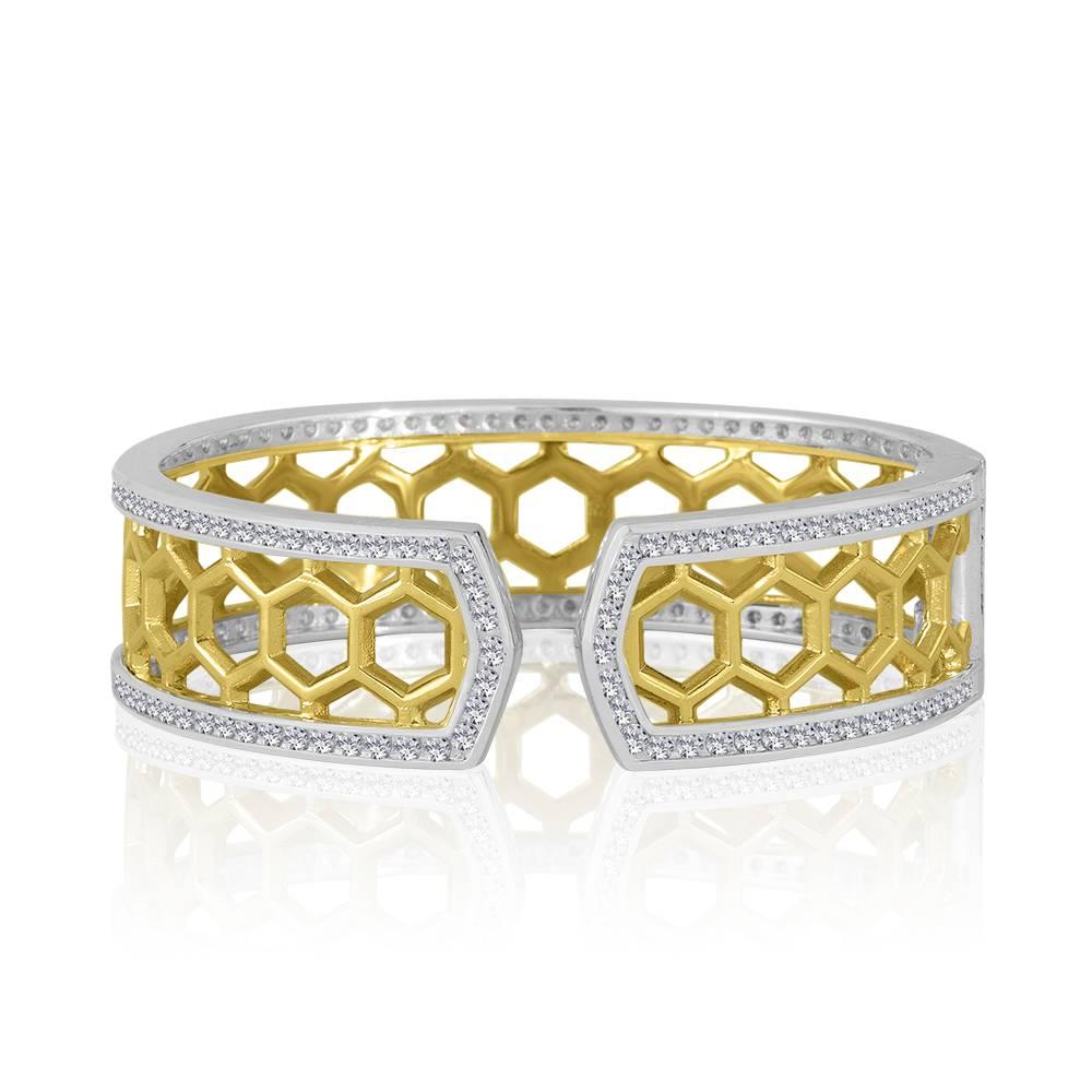 Modern Gold and Sterling Honeycomb Diamond Cuff Bracelet For Sale