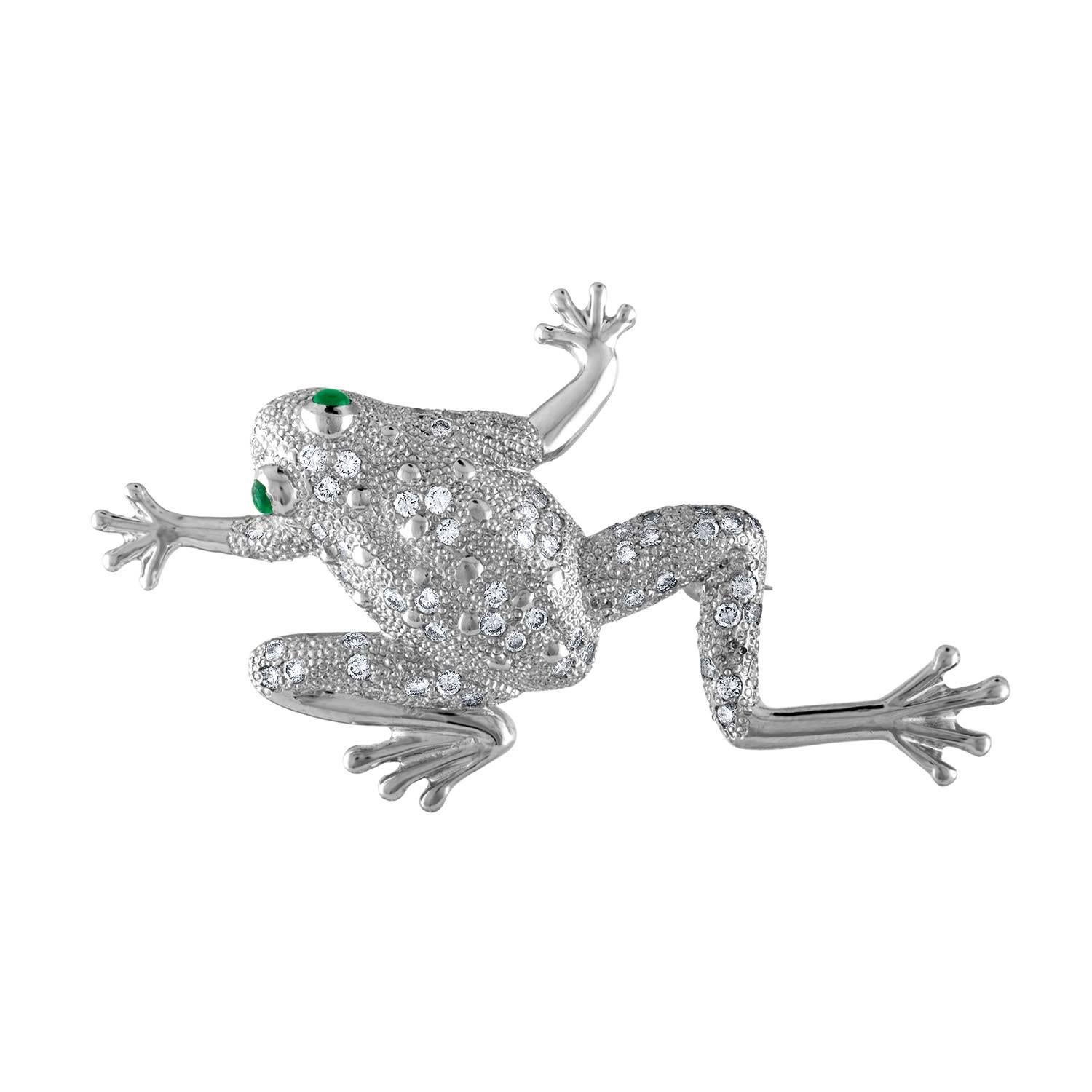 Platinum Frog Brooch with 1 Carat Diamond and .35 Carat of Emerald For Sale