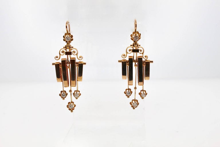 Late Victorian French Rose Gold Diamond Dangling Earrings In Good Condition For Sale In New York, NY