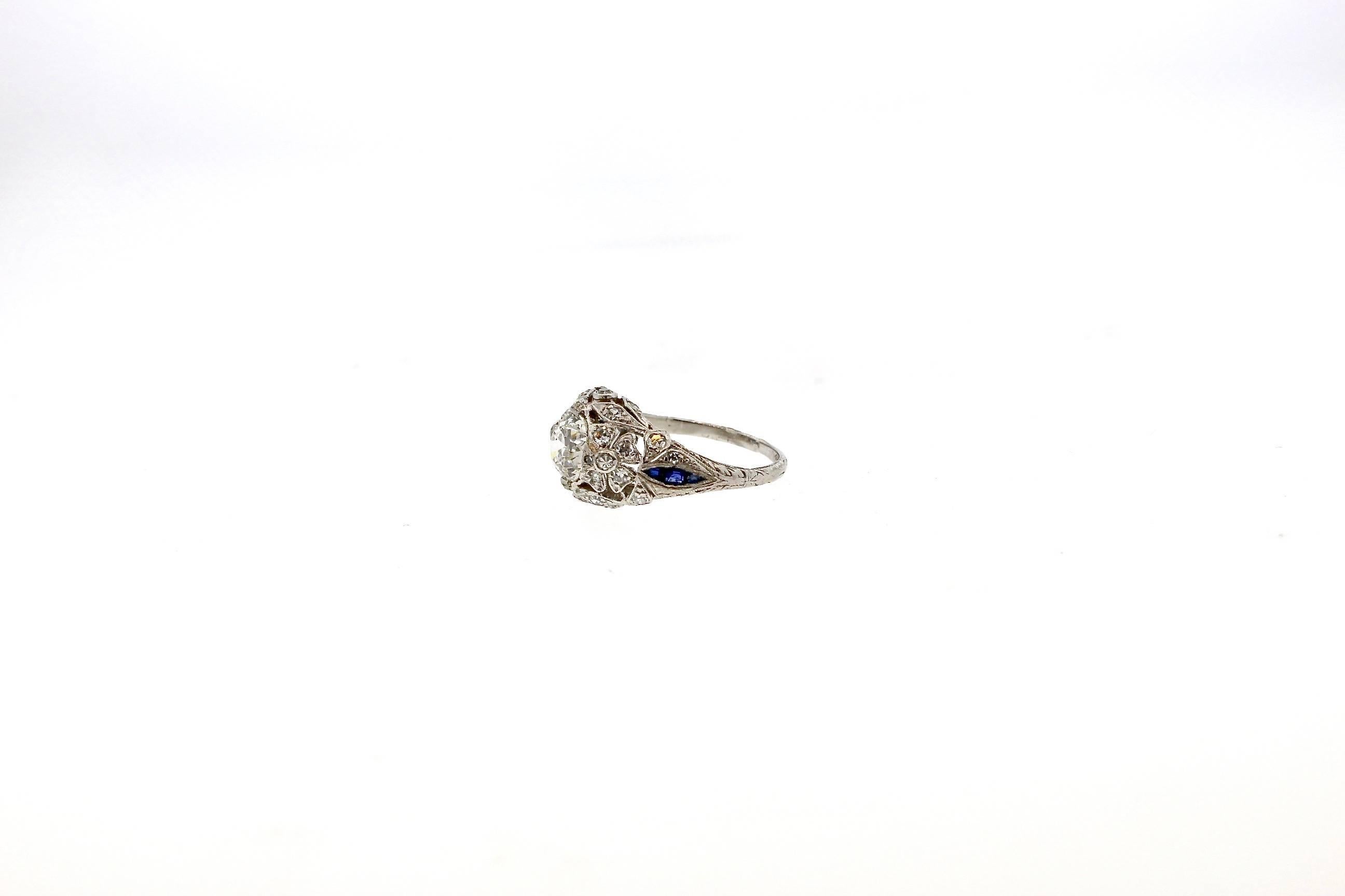 Old European Cut Antique Art Deco Platinum Sapphire Diamond Ring For Sale