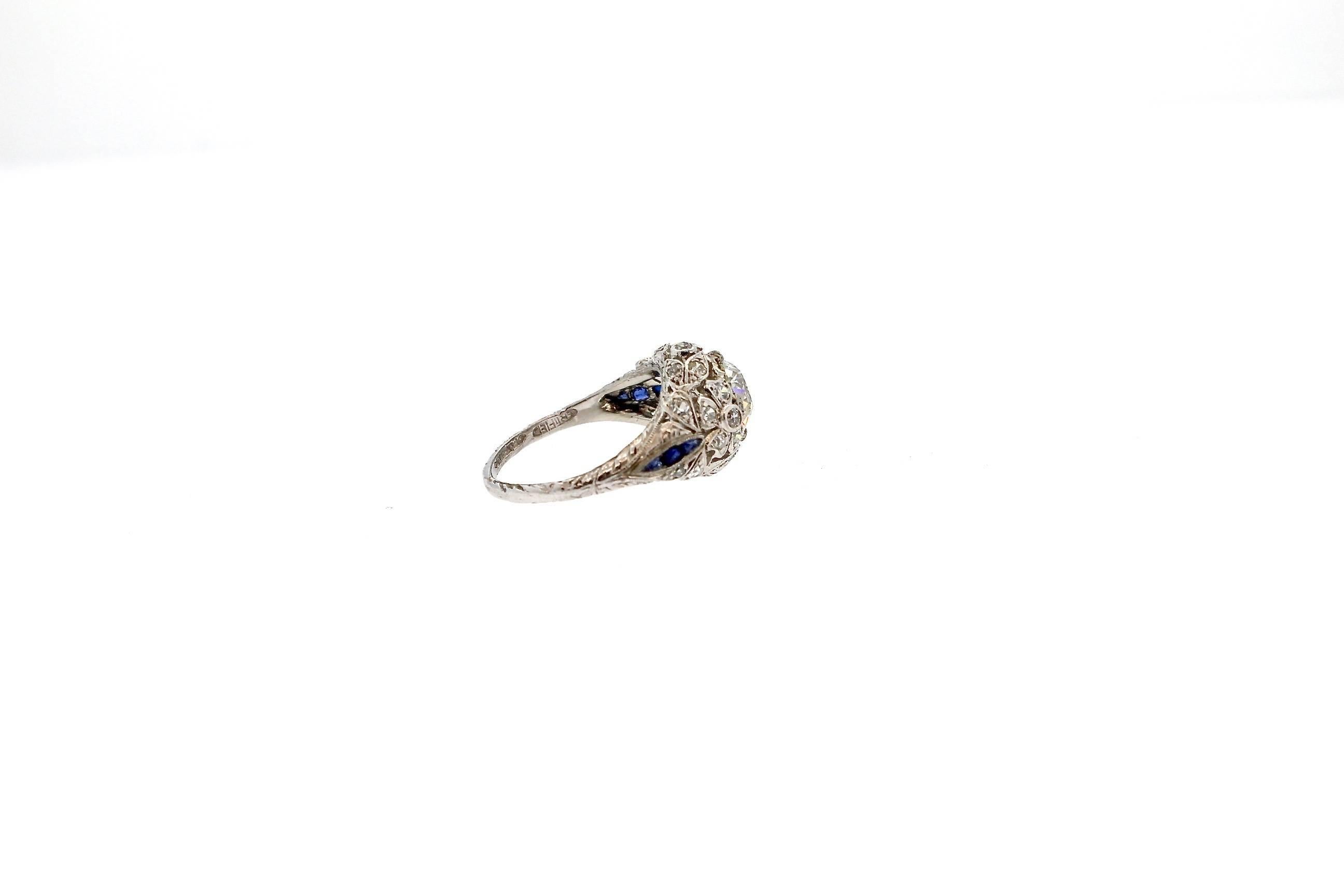 Women's Antique Art Deco Platinum Sapphire Diamond Ring For Sale