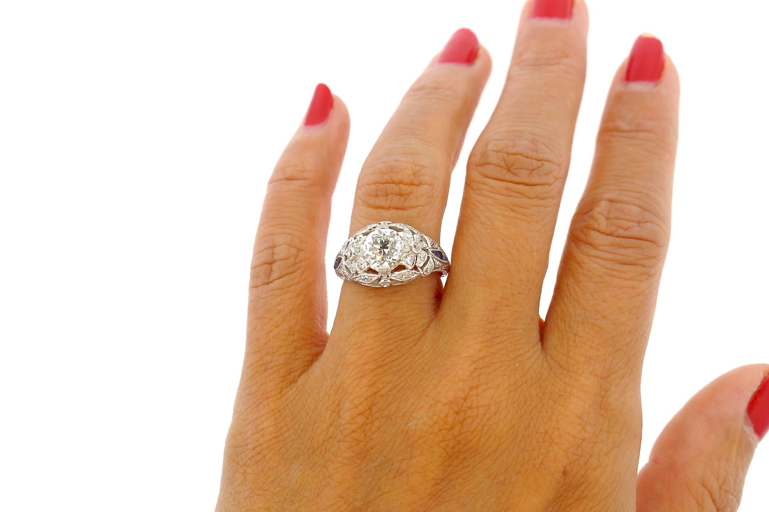 Antique Art Deco Platinum Sapphire Diamond Ring For Sale 1