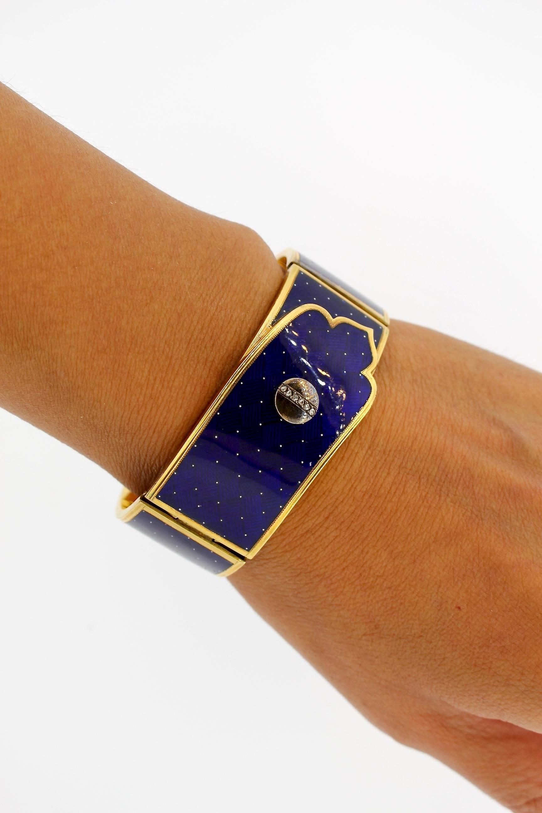 Antique Victorian Blue Guilloché Enamel Gold and Diamond Cuff Bracelet 1