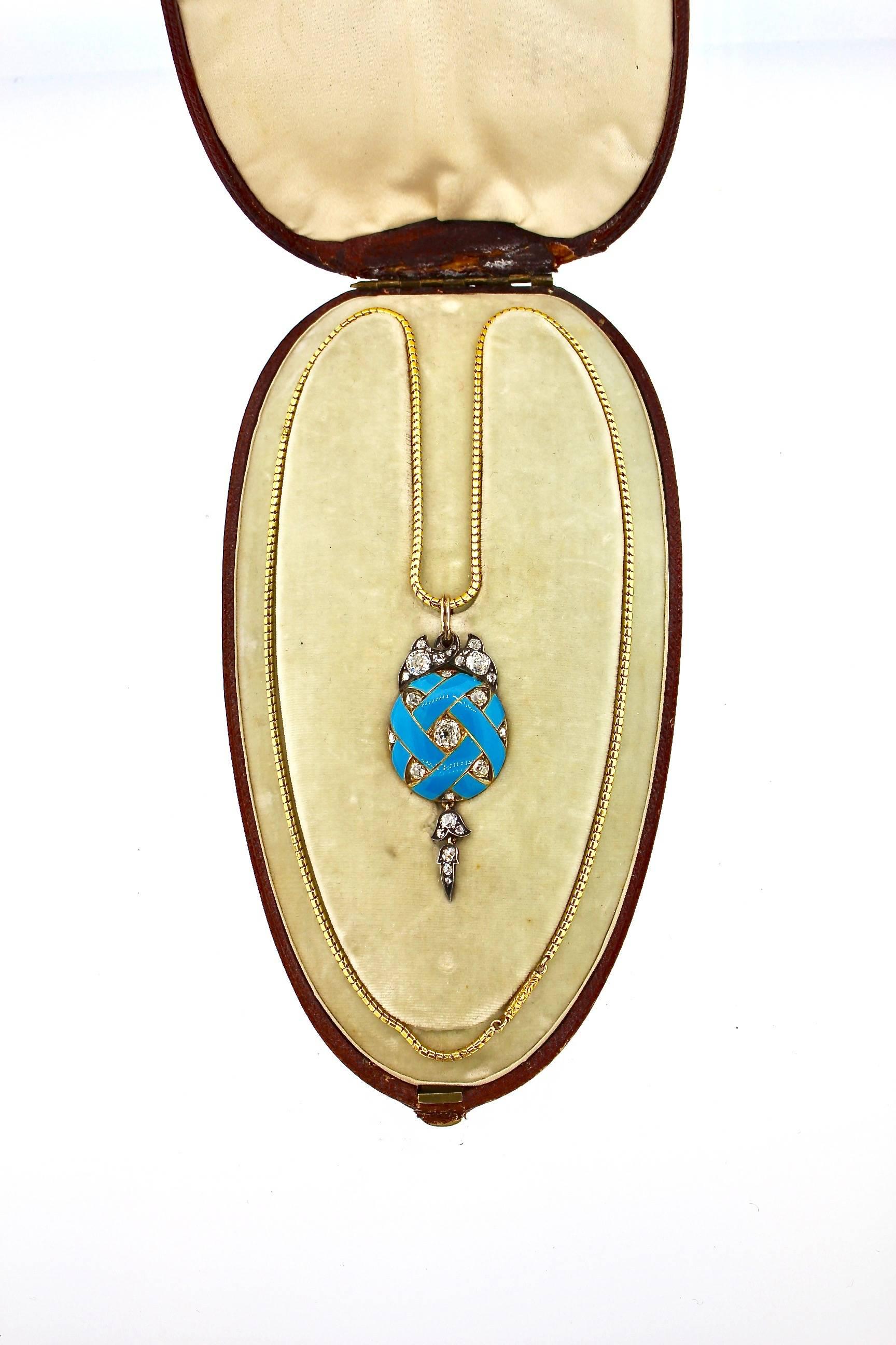 Late Victorian Antique Victorian Blue Enamel Old Mine Cut Diamond Pendant Necklace