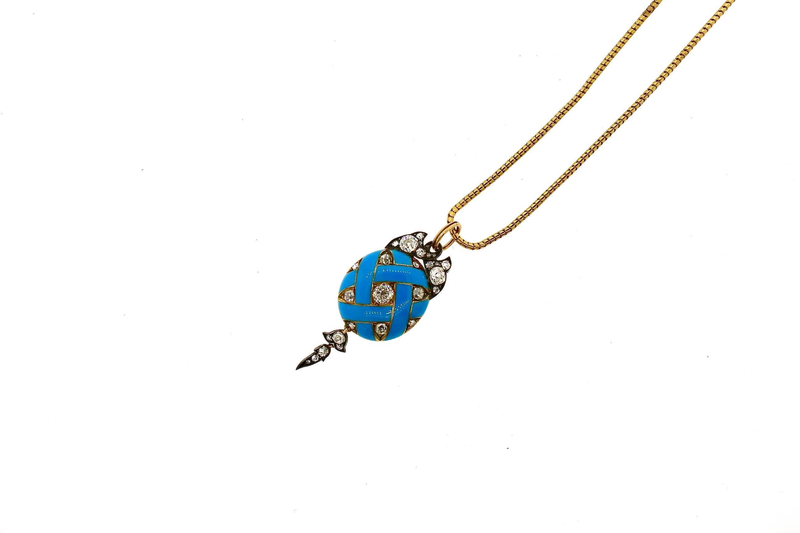 Women's Antique Victorian Blue Enamel Old Mine Cut Diamond Pendant Necklace