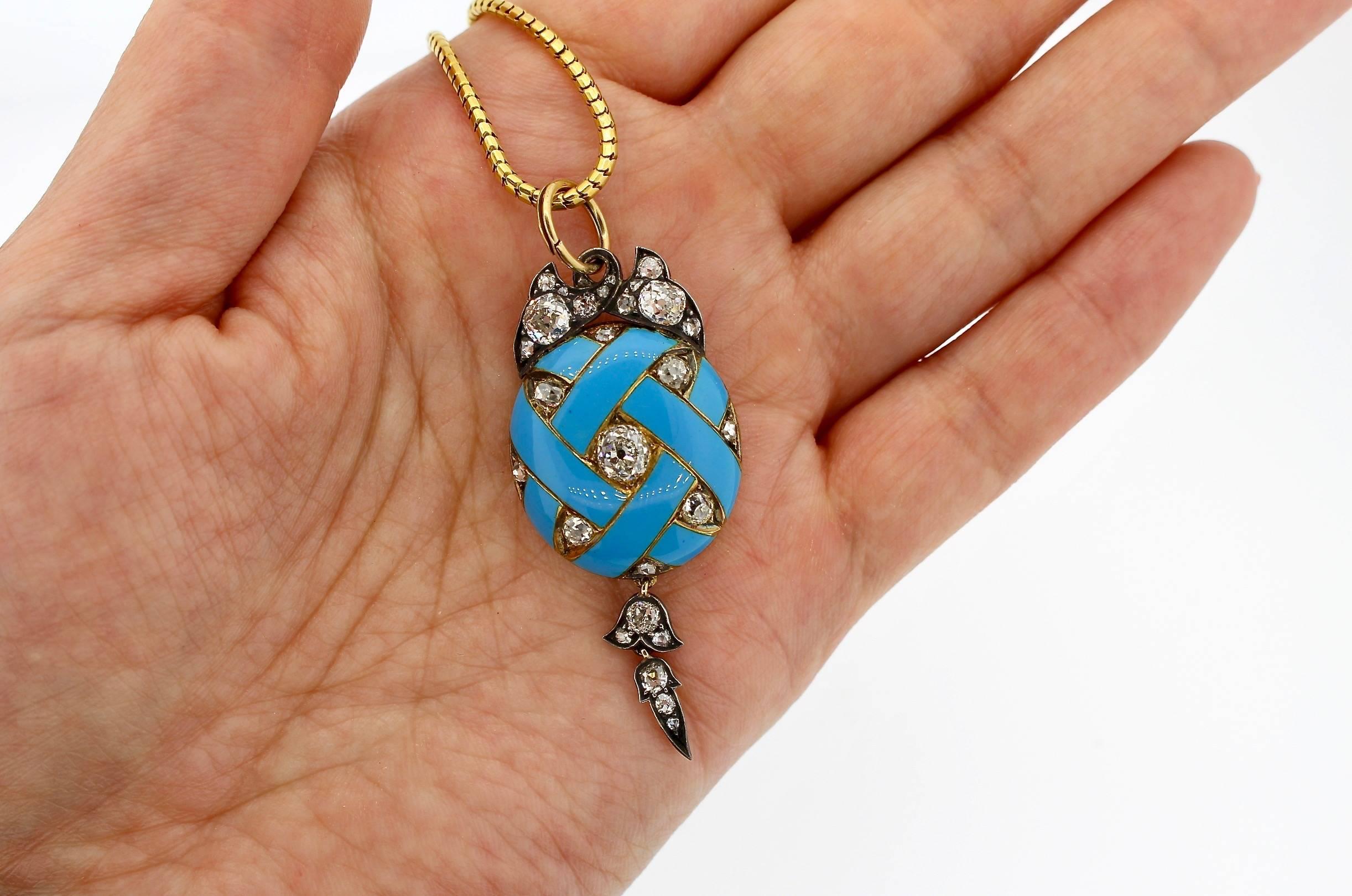 Antique Victorian Blue Enamel Old Mine Cut Diamond Pendant Necklace 1