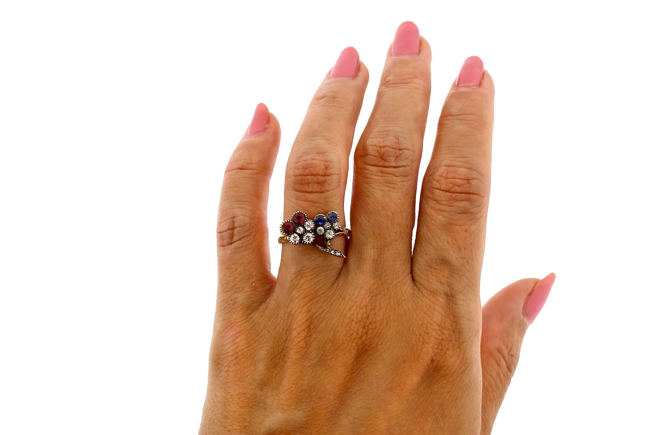 Late Victorian Ruby Sapphire Diamond Pansy Flower Gold Ring In Good Condition In New York, NY