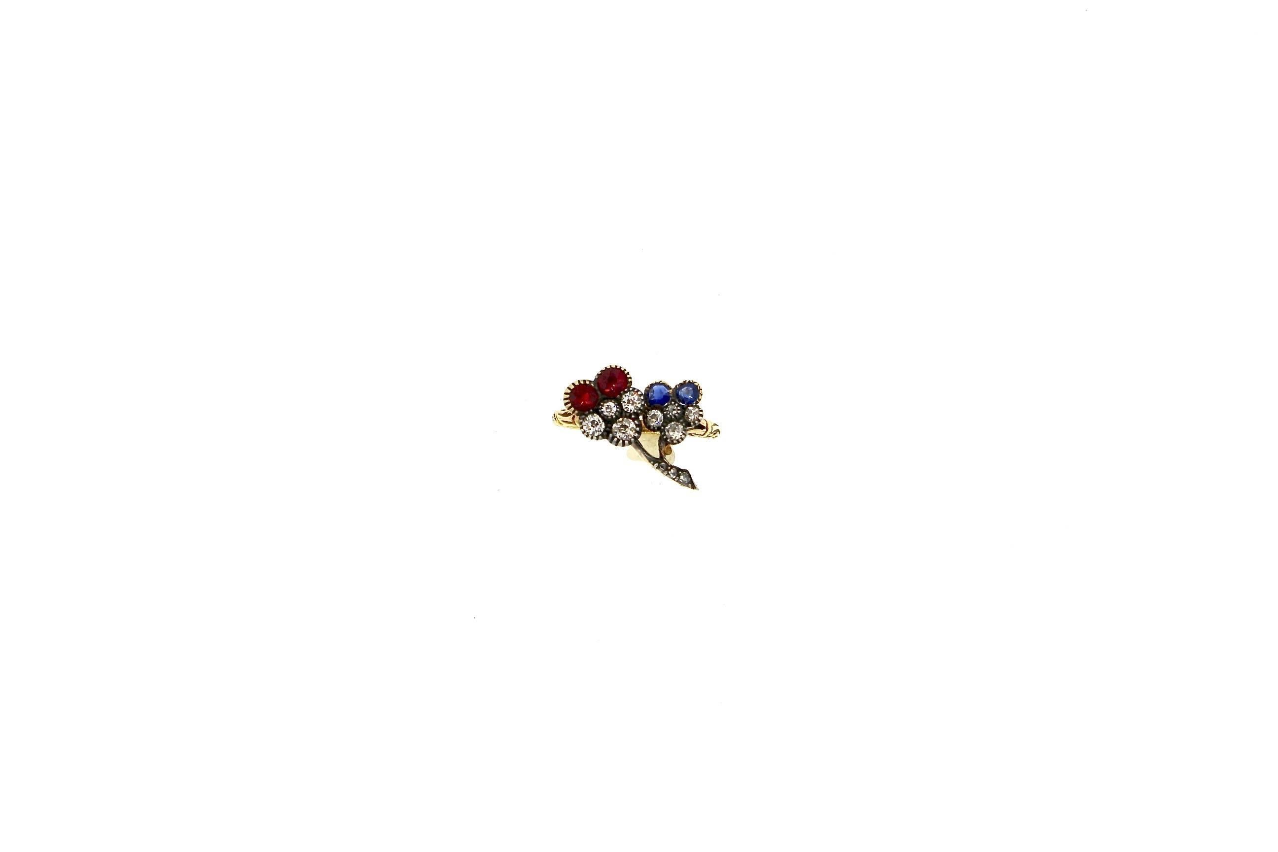 Women's Late Victorian Ruby Sapphire Diamond Pansy Flower Gold Ring