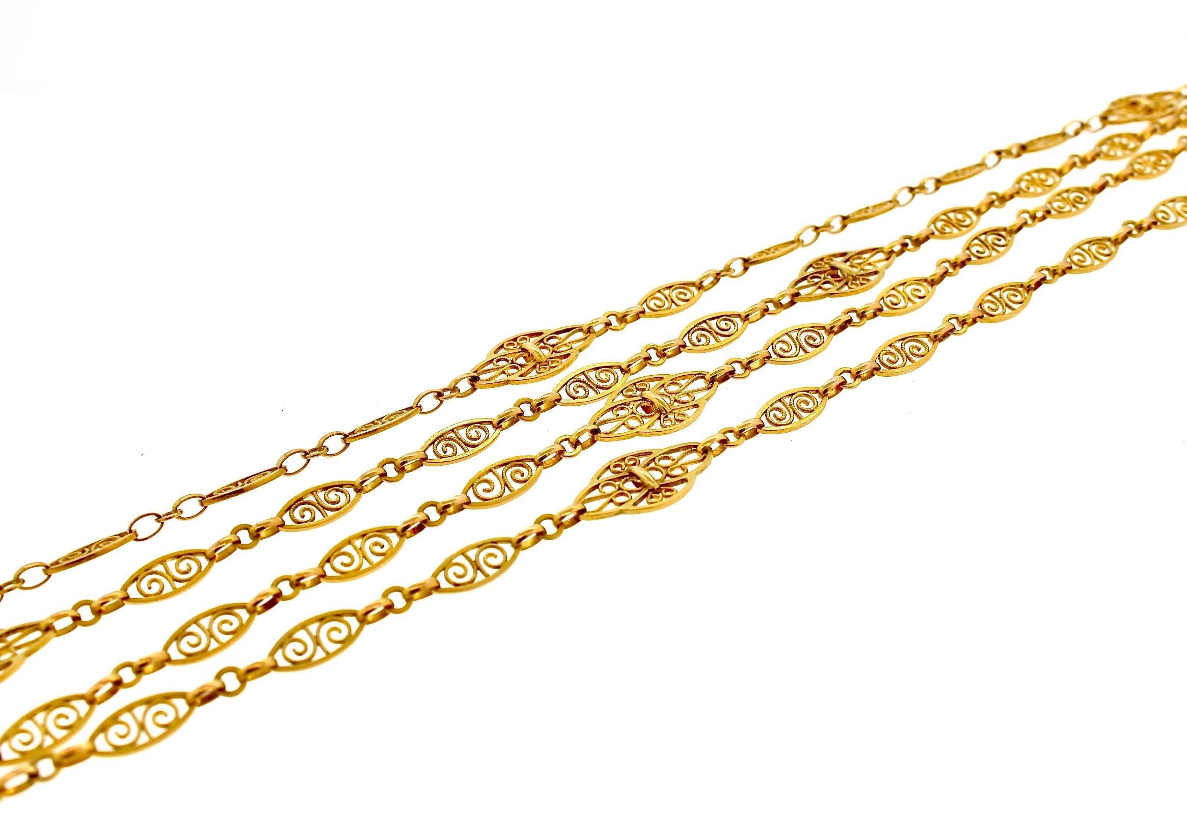 Long gold chains are useful and versatile.  It can be worn doubled up on its own or suspending a striking pendant.  Victorian filigree chains such as these have such pretty twisted gold and polished gold links that it is sure to compliment any