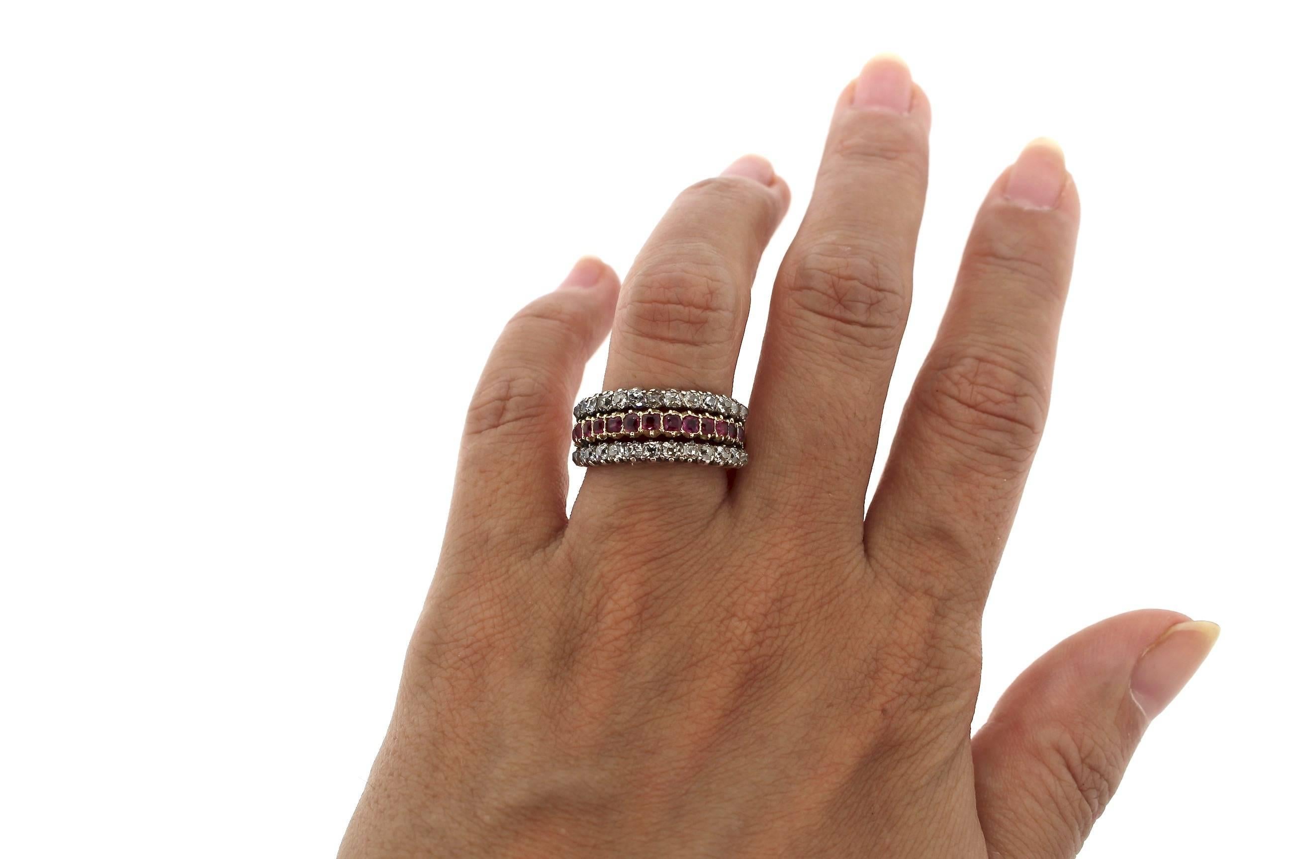 Antique Victorian Old Mine Cut Diamond Ruby Half Hoop Ring In Good Condition In New York, NY