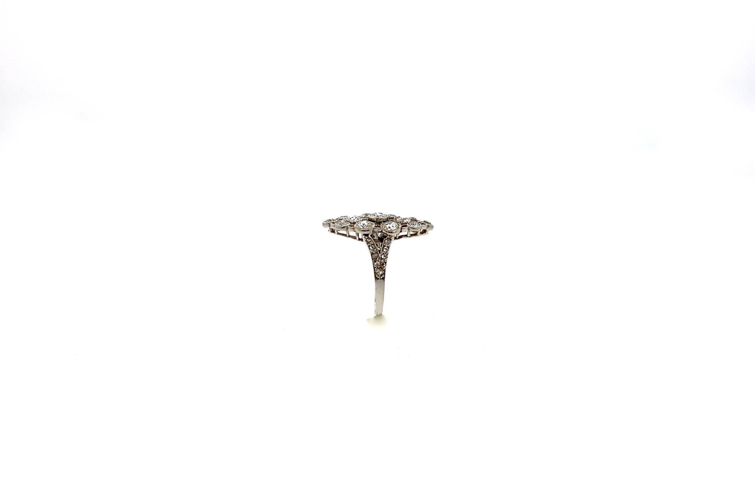 Old European Cut Antique Edwardian Platinum Diamond Navette Shaped Ring