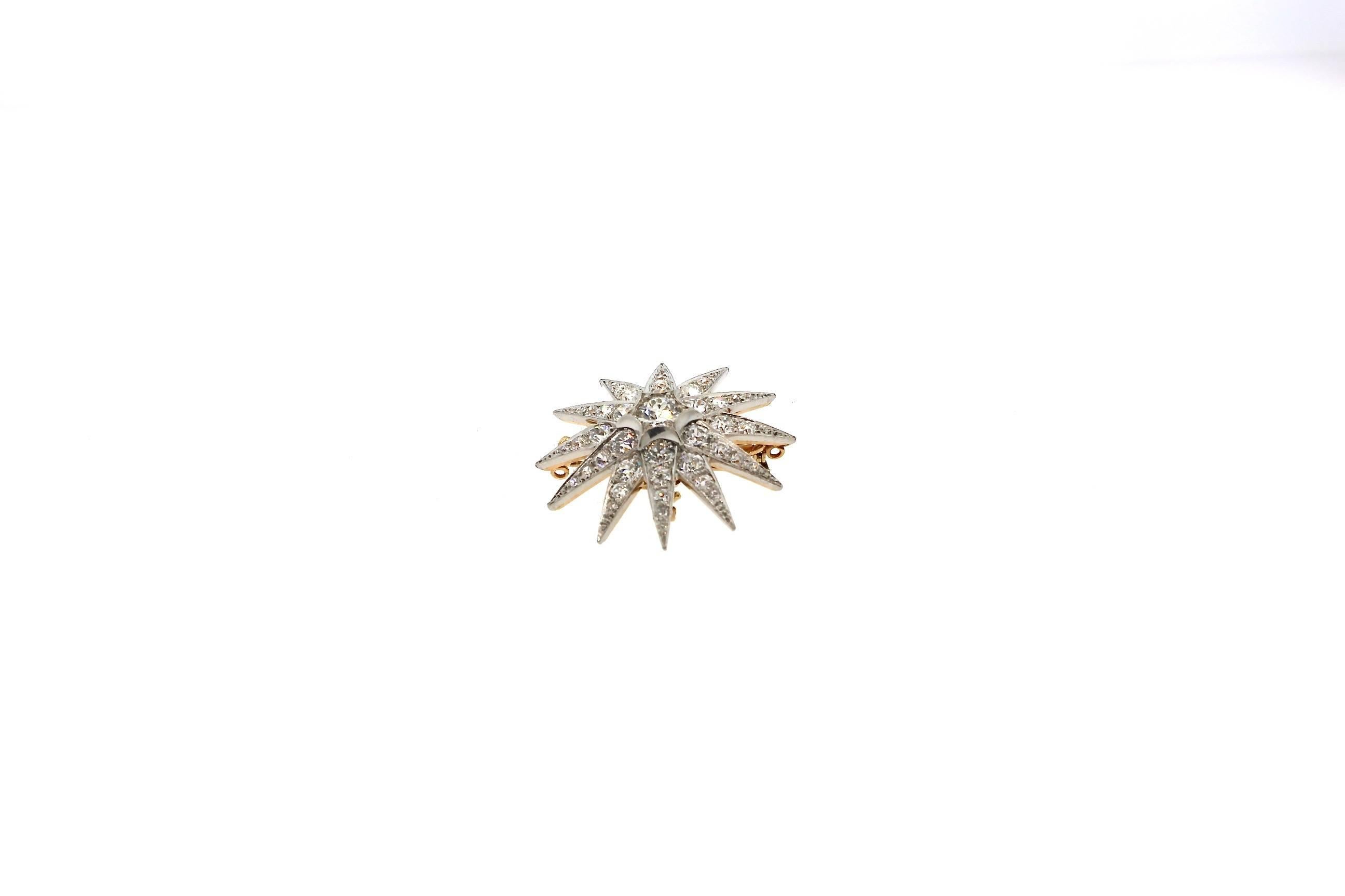 A bright and sparkly Edwardian version of the classic multi-pointed starburst.  This one is made out of gold and topped with Platinum as was the turn of the century way.  The pin stem is stamped 14k.  The star has 12 points.  It is set with 43 Old