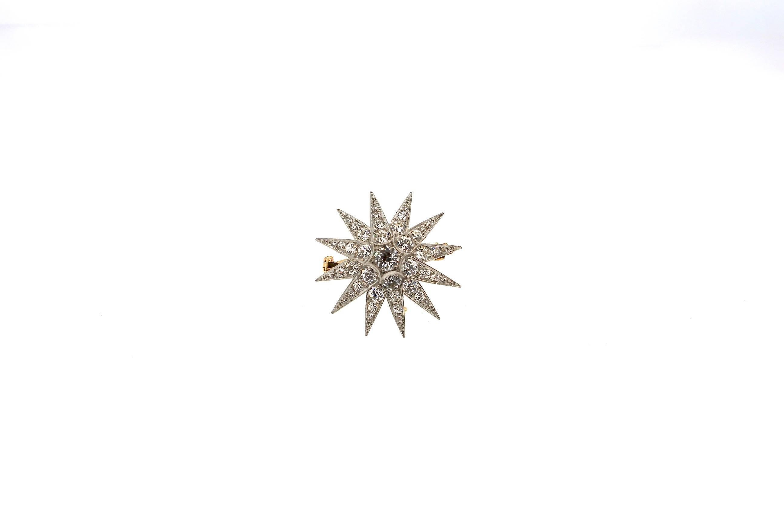 Women's or Men's Antique Edwardian Platinum Topped Gold Diamond Starburst Brooch Pendant