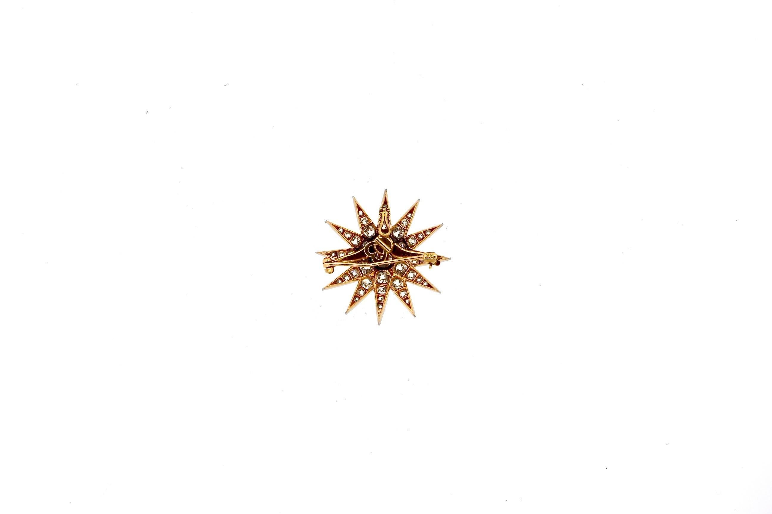 Antique Edwardian Platinum Topped Gold Diamond Starburst Brooch Pendant 1