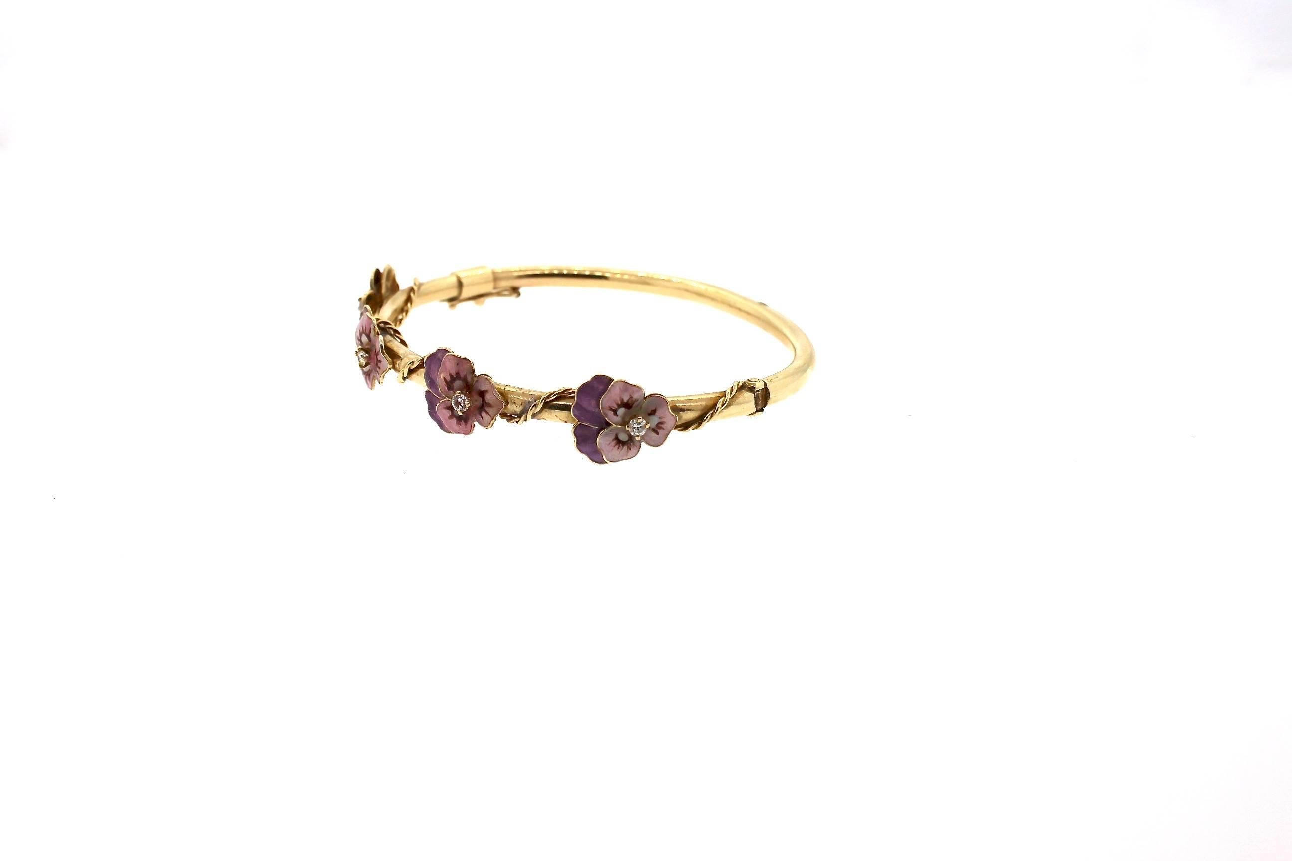 Women's Antique Gold Enamel Diamond Purple Pansy Bangle Bracelet