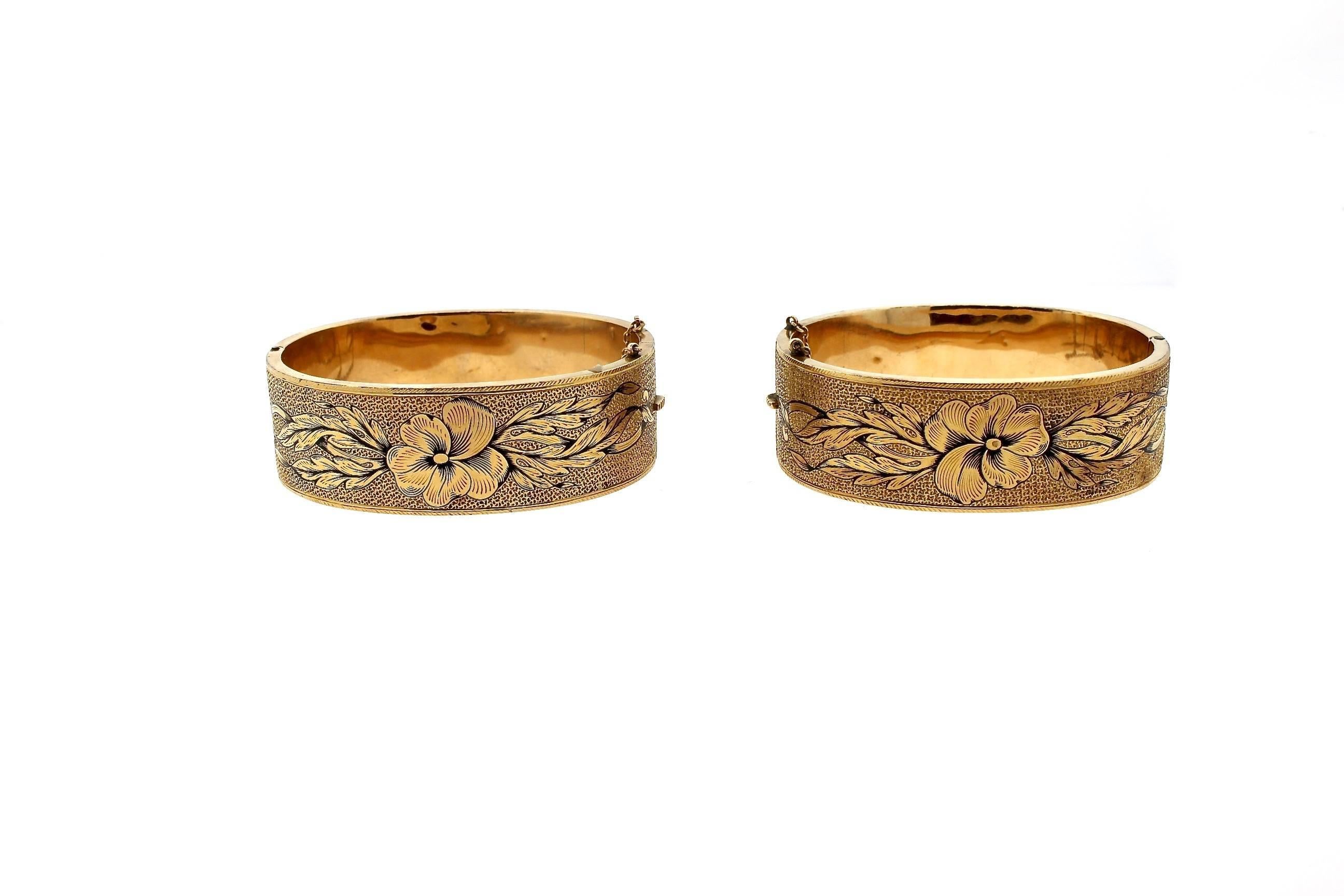 Women's Antique Victorian 14k Gold Pair of Tracery Enamel Cuffs with Pansies