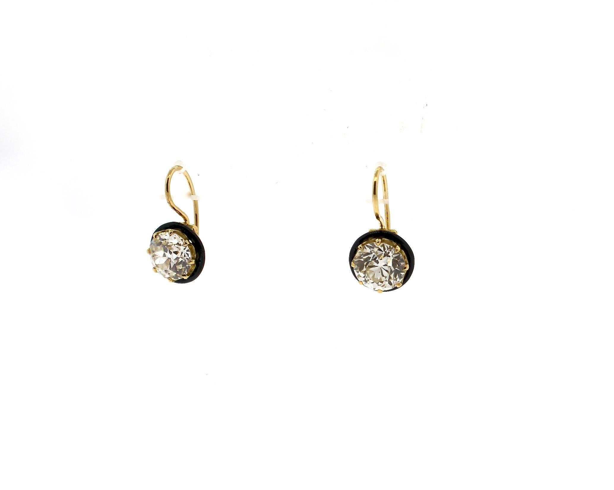 Modern Old European Cut 2.90 and 2.66 Carat Diamond Gold Earrings