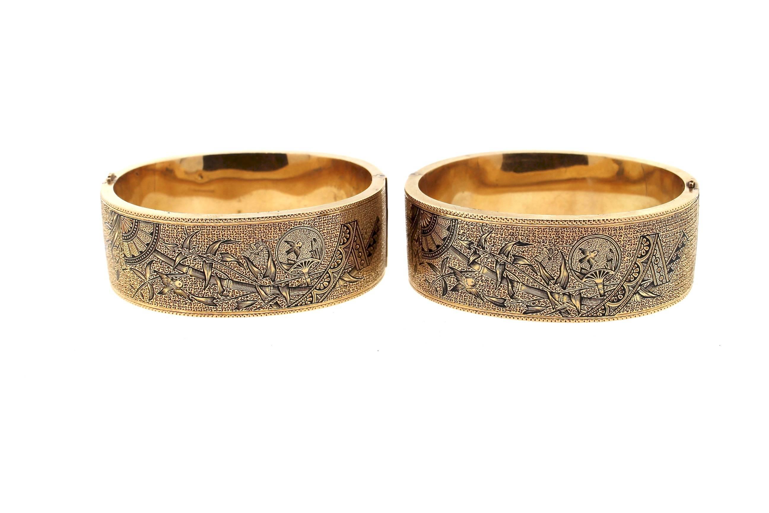 Women's Antique Victorian Pair of Tracery Enamel Cuff Bracelet with Asian Motif