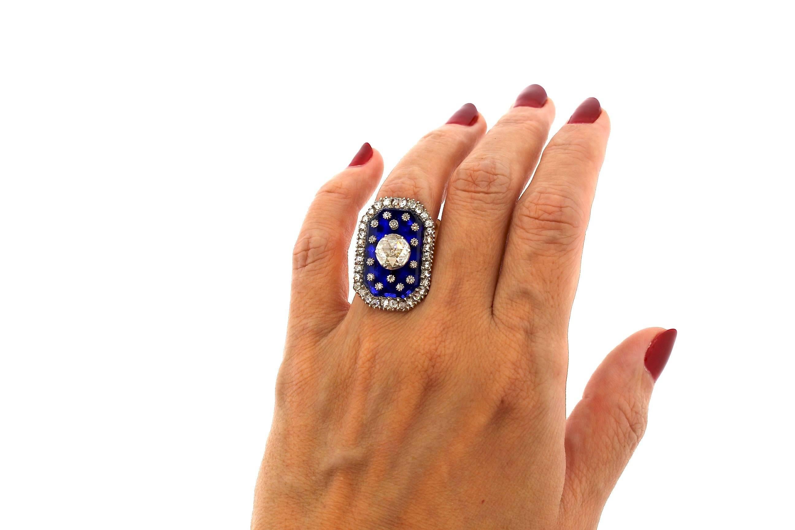 Women's or Men's Antique Victorian Rose Cut Diamond Blue Glass Panel Gold Ring