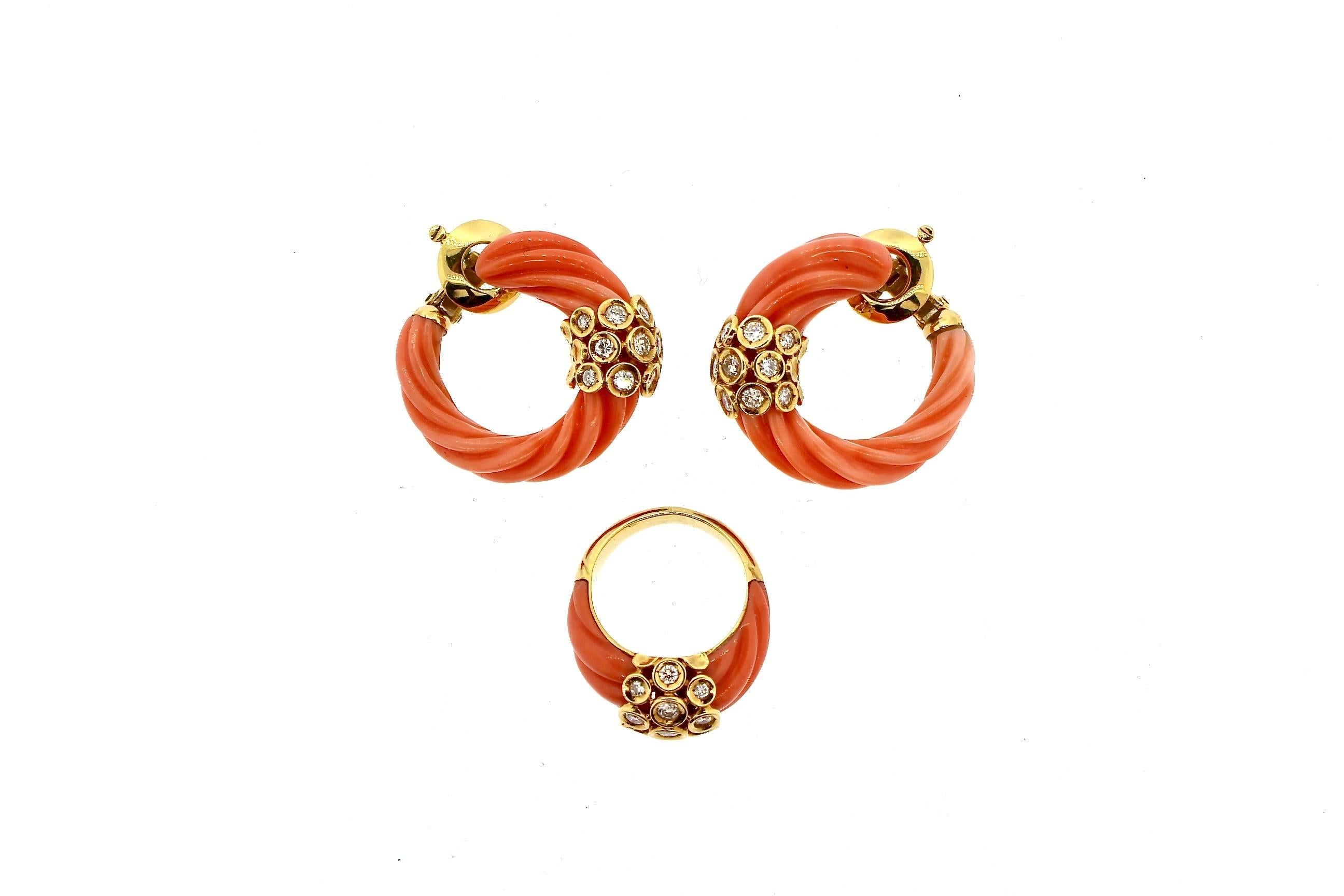 Women's Mid-Century Modern Van Cleef & Arpels Coral Gold Earrings and Ring Set