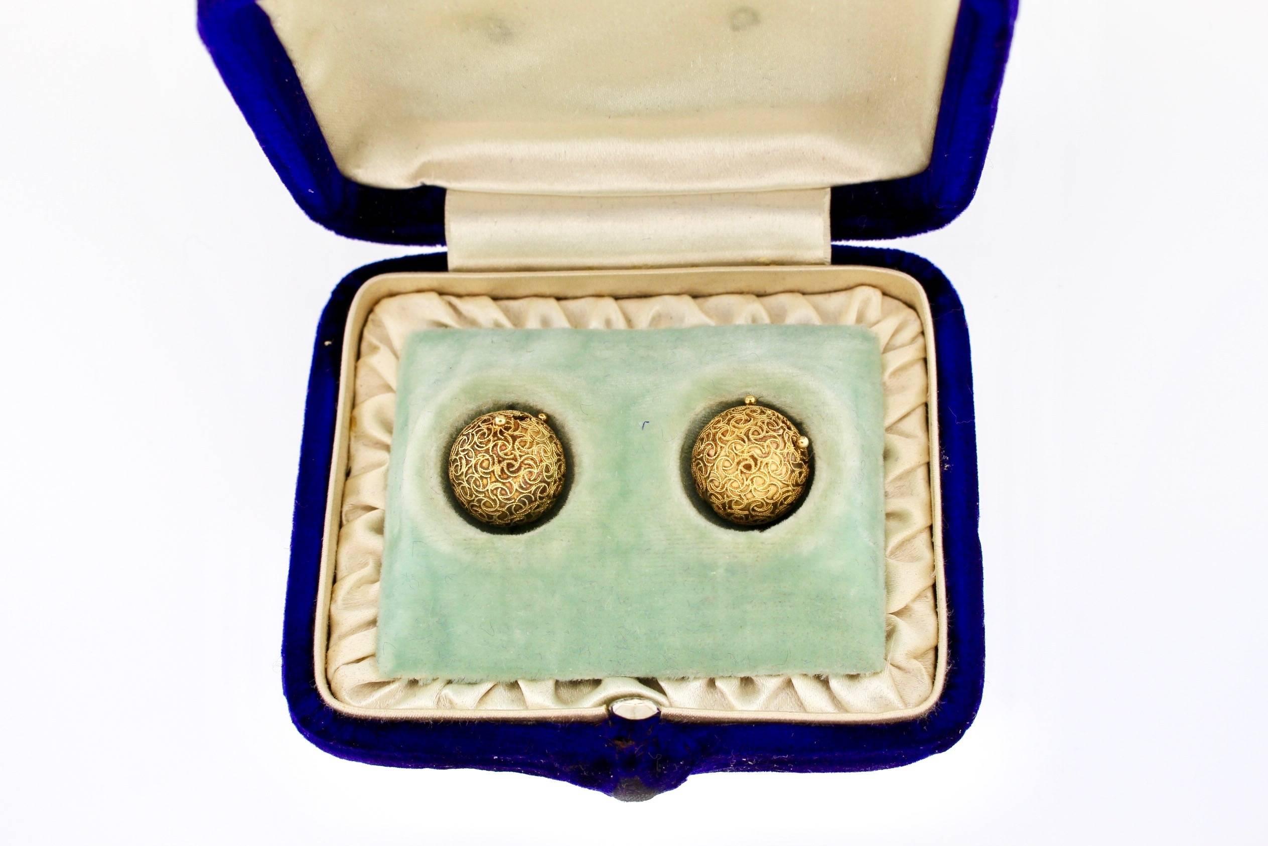 Original and unique, this boxed set of antique cut diamond earrings is accompanied by their original gold ball coach covers.  