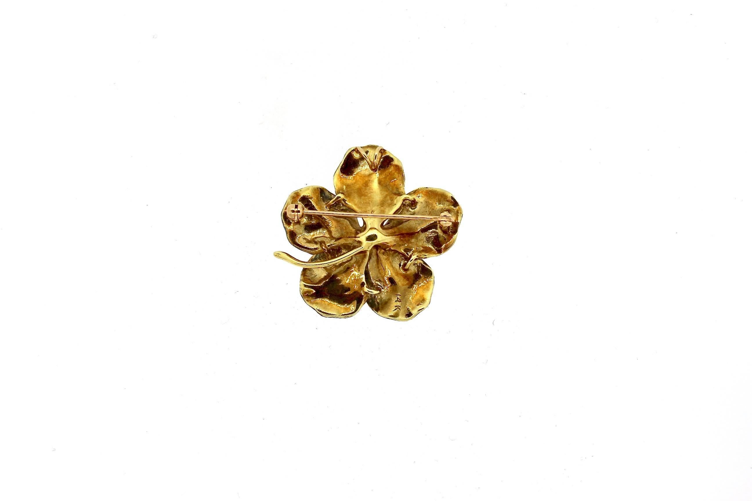 Modern Vintage Antique Gold Blue Enamel Diamond Periwinkle Flower Brooch