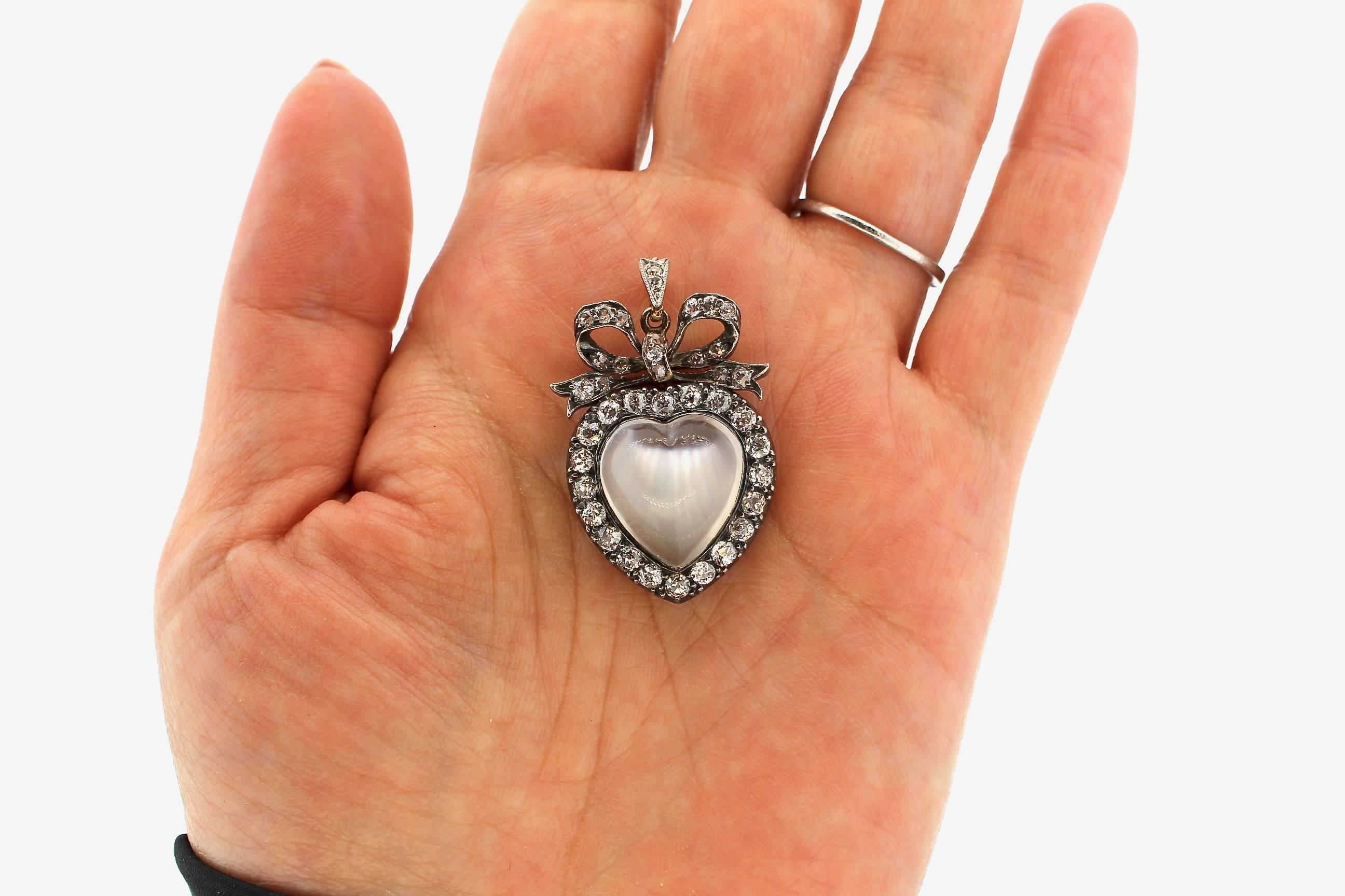 Old Mine Cut Antique 19th Century Silver Topped Gold Moonstone Diamond Heart Pendant