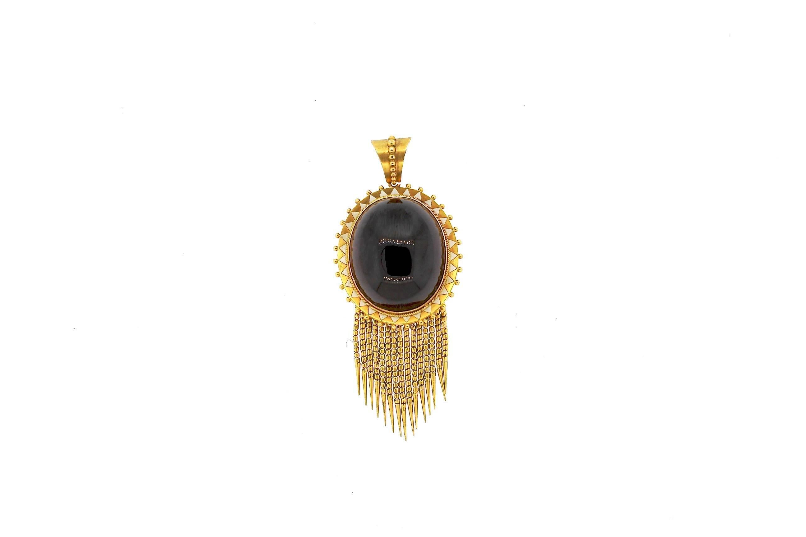 Antique Victorian Cabochon Garnet Enamel Gold Foxtail Fringe Pendant In Excellent Condition In New York, NY