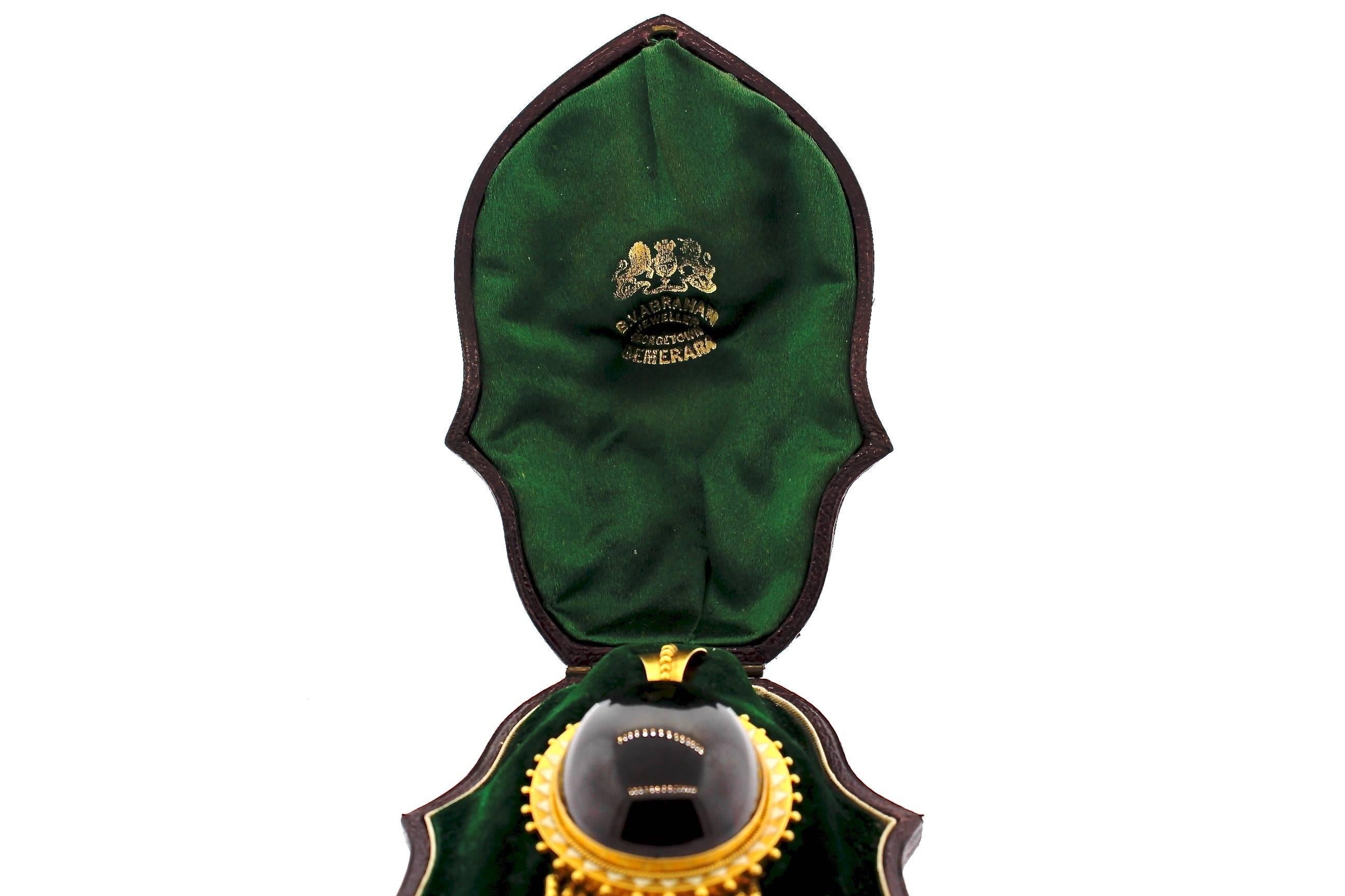 Women's or Men's Antique Victorian Cabochon Garnet Enamel Gold Foxtail Fringe Pendant