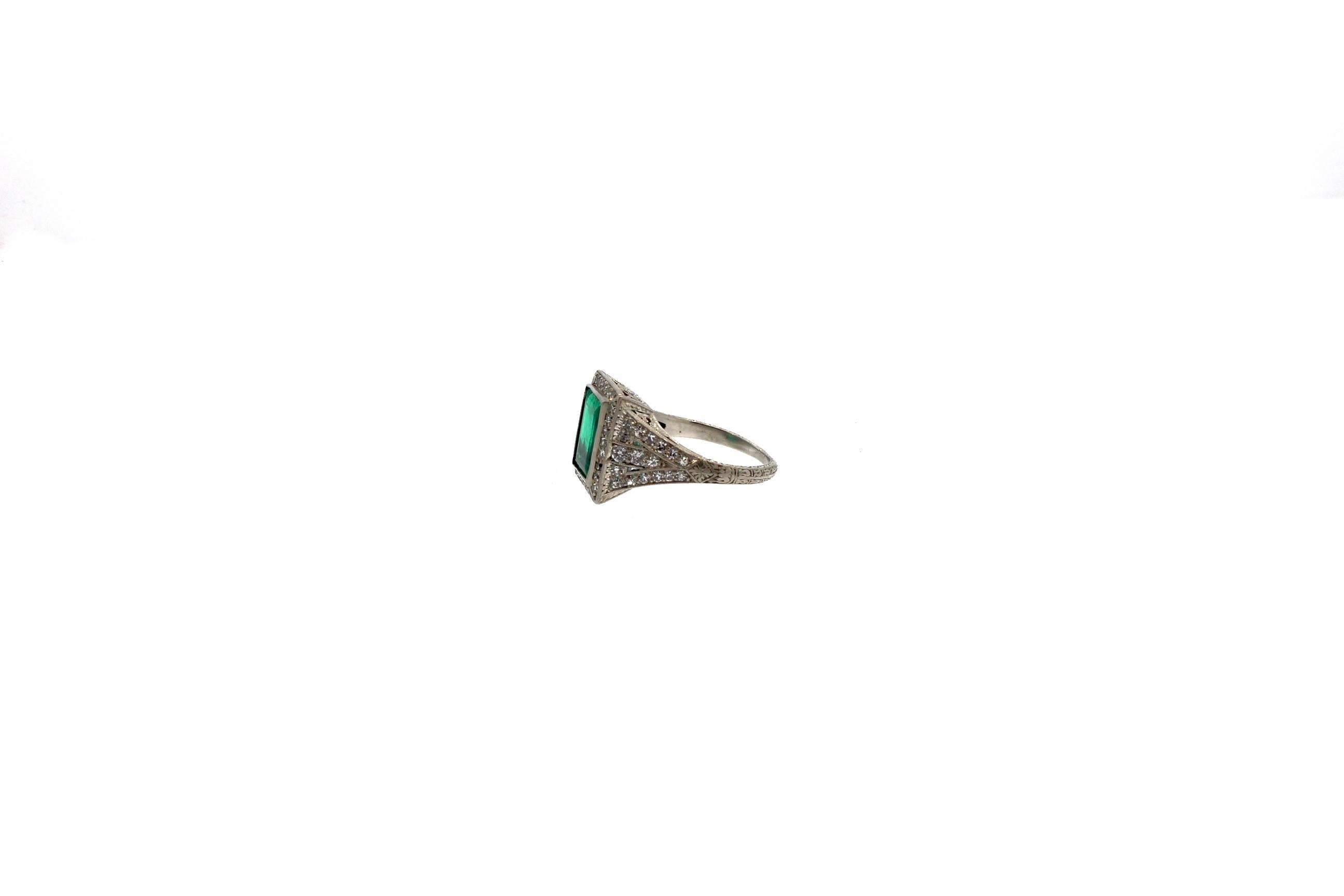 Art Deco  AGL Certified Emerald Diamond Platinum Ring 2