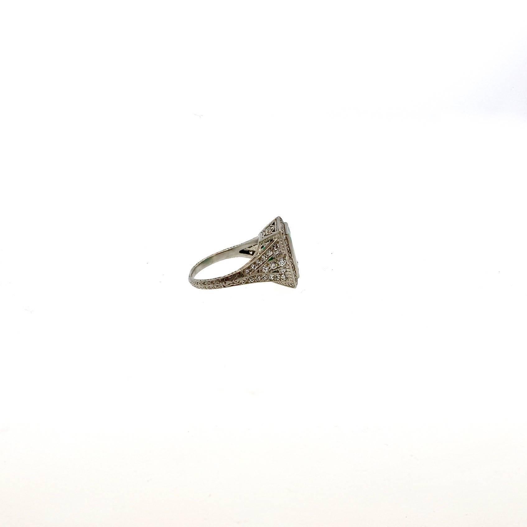 Women's Art Deco  AGL Certified Emerald Diamond Platinum Ring