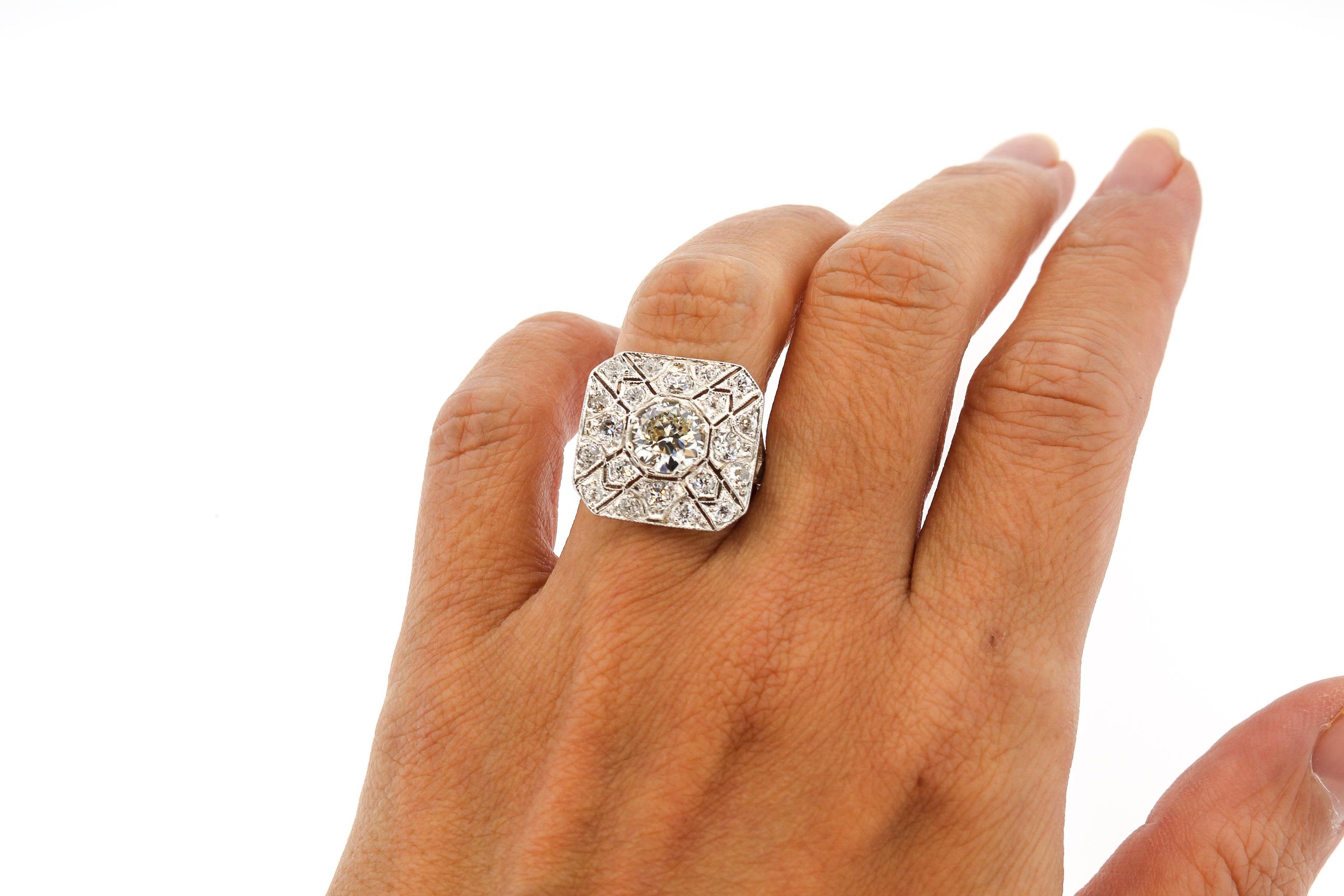 Antique Edwardian Platinum Old European Cut Diamond Square Panel Ring