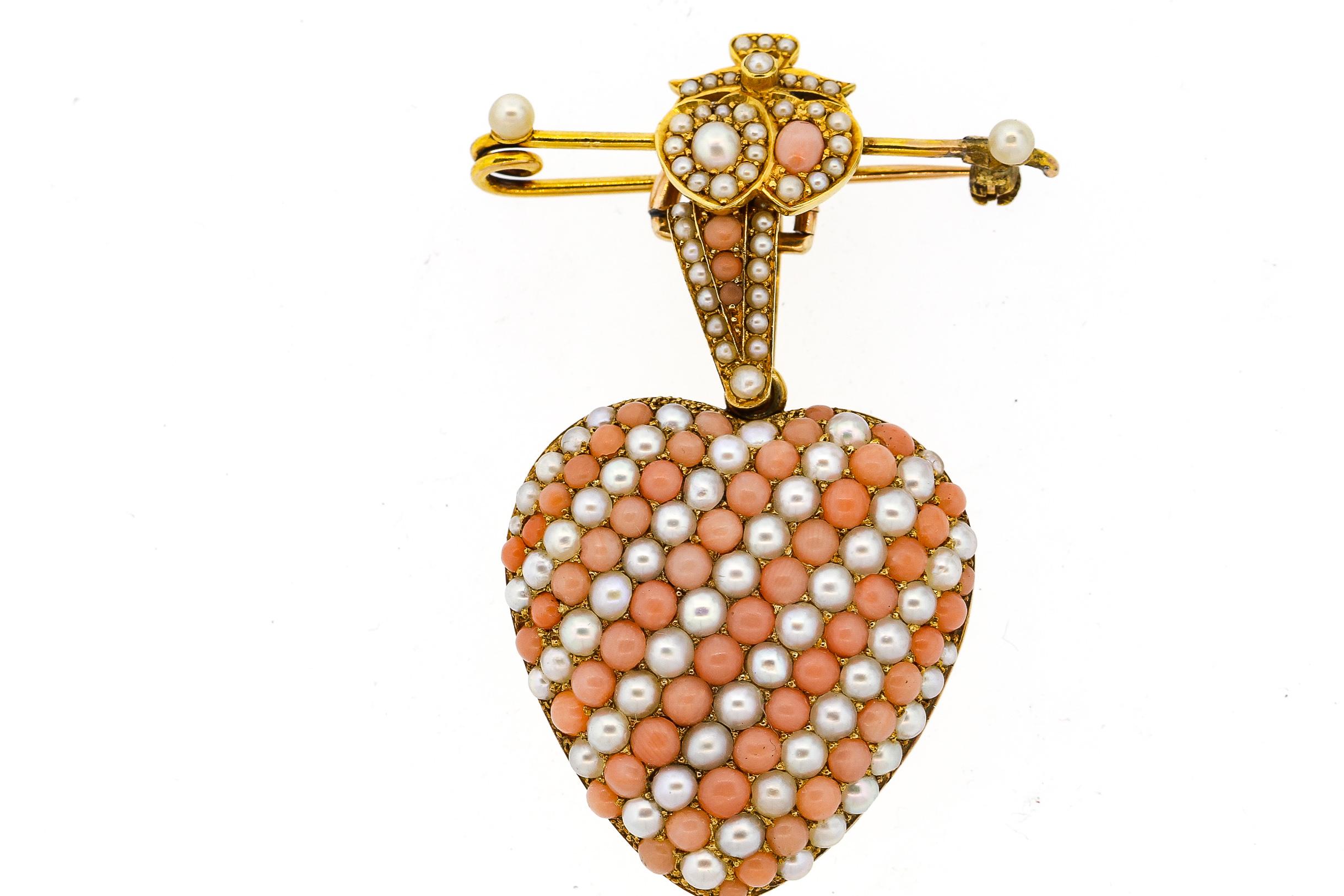 Women's Antique Victorian 18 Karat Gold Coral Pearl Heart Locket Pendant Pin