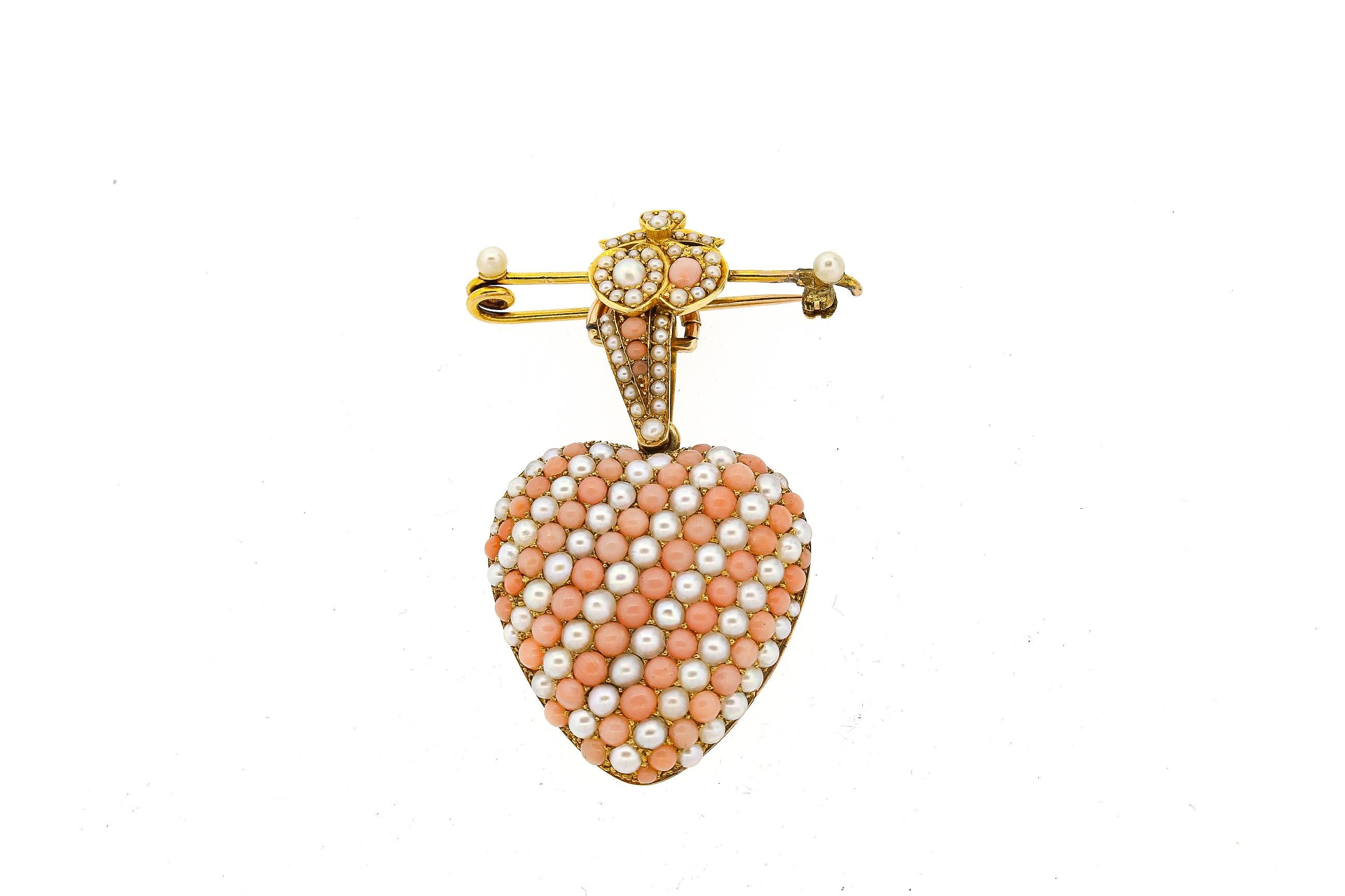 Antique Victorian 18 Karat Gold Coral Pearl Heart Locket Pendant Pin 1