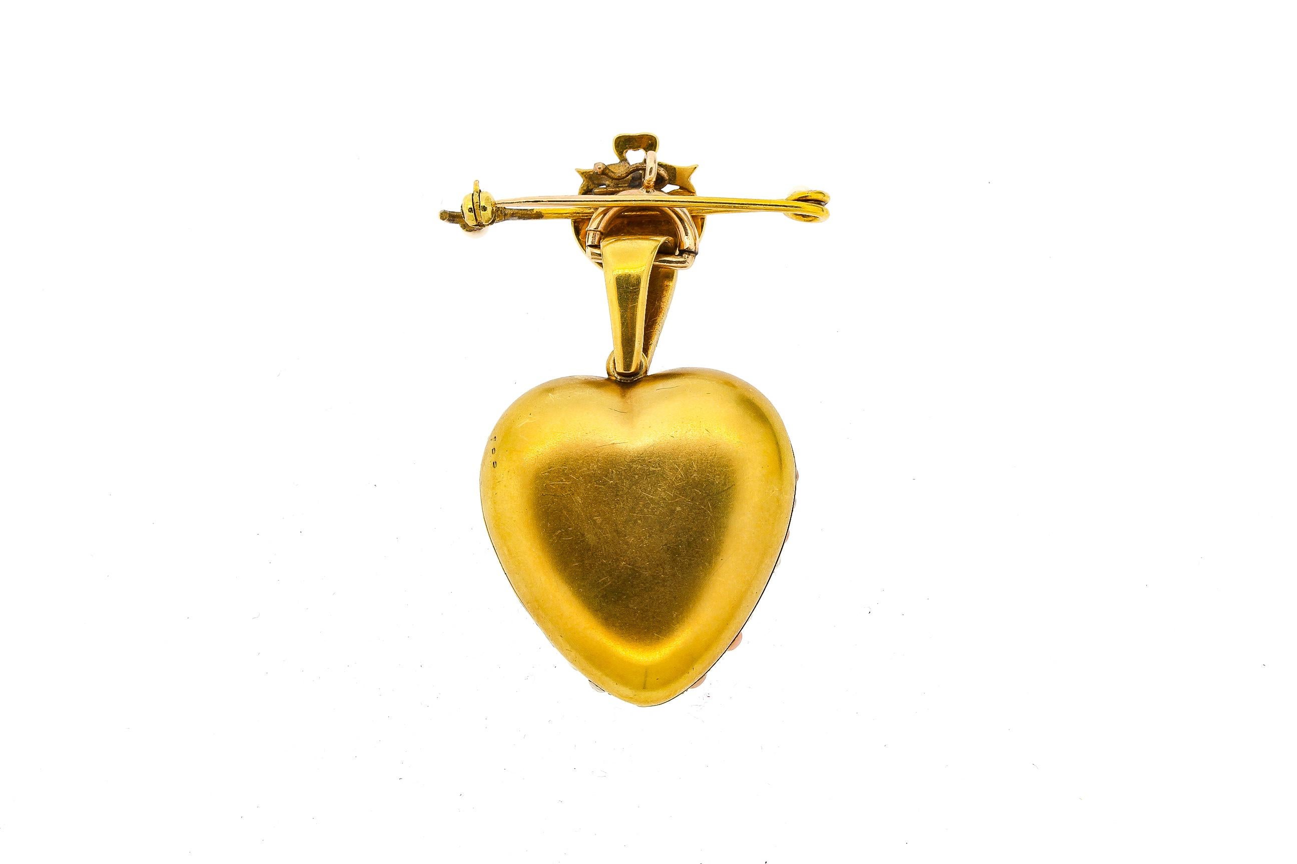 Antique Victorian 18 Karat Gold Coral Pearl Heart Locket Pendant Pin 2